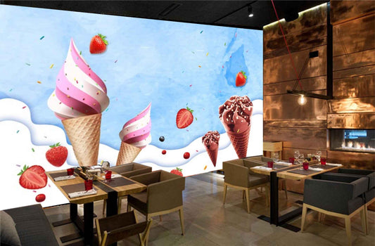 Avikalp MWZ3049 Ice Creams Cones Strawberries HD Wallpaper for Cafe Restaurant