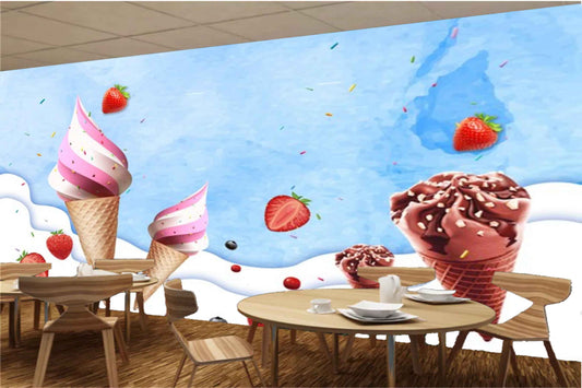 Avikalp MWZ3049 Ice Creams Cones Strawberries HD Wallpaper for Cafe Restaurant