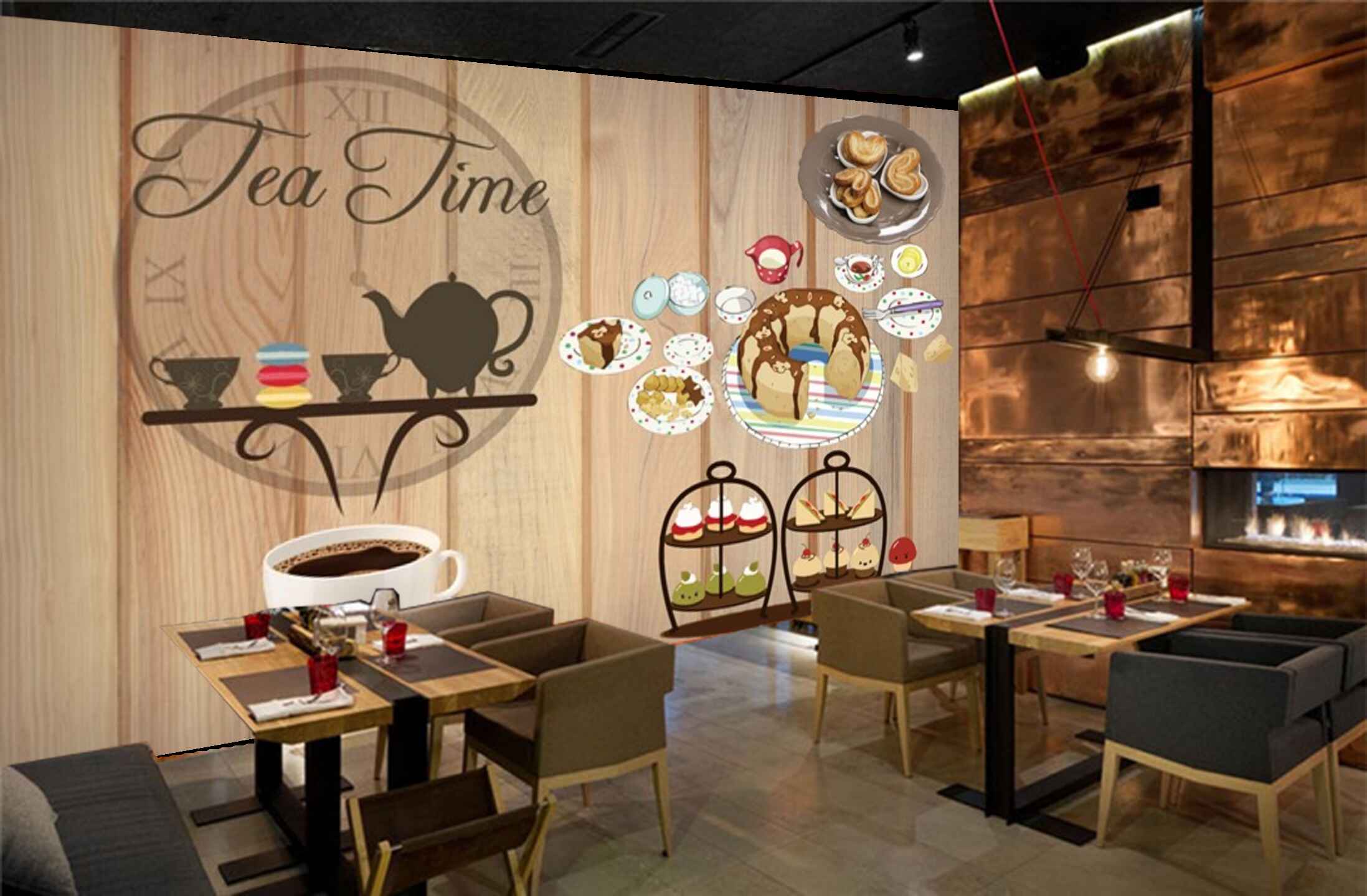 Avikalp MWZ3050 Tea Time Coffee Beans Cup Cakes HD Wallpaper for Cafe Restaurant