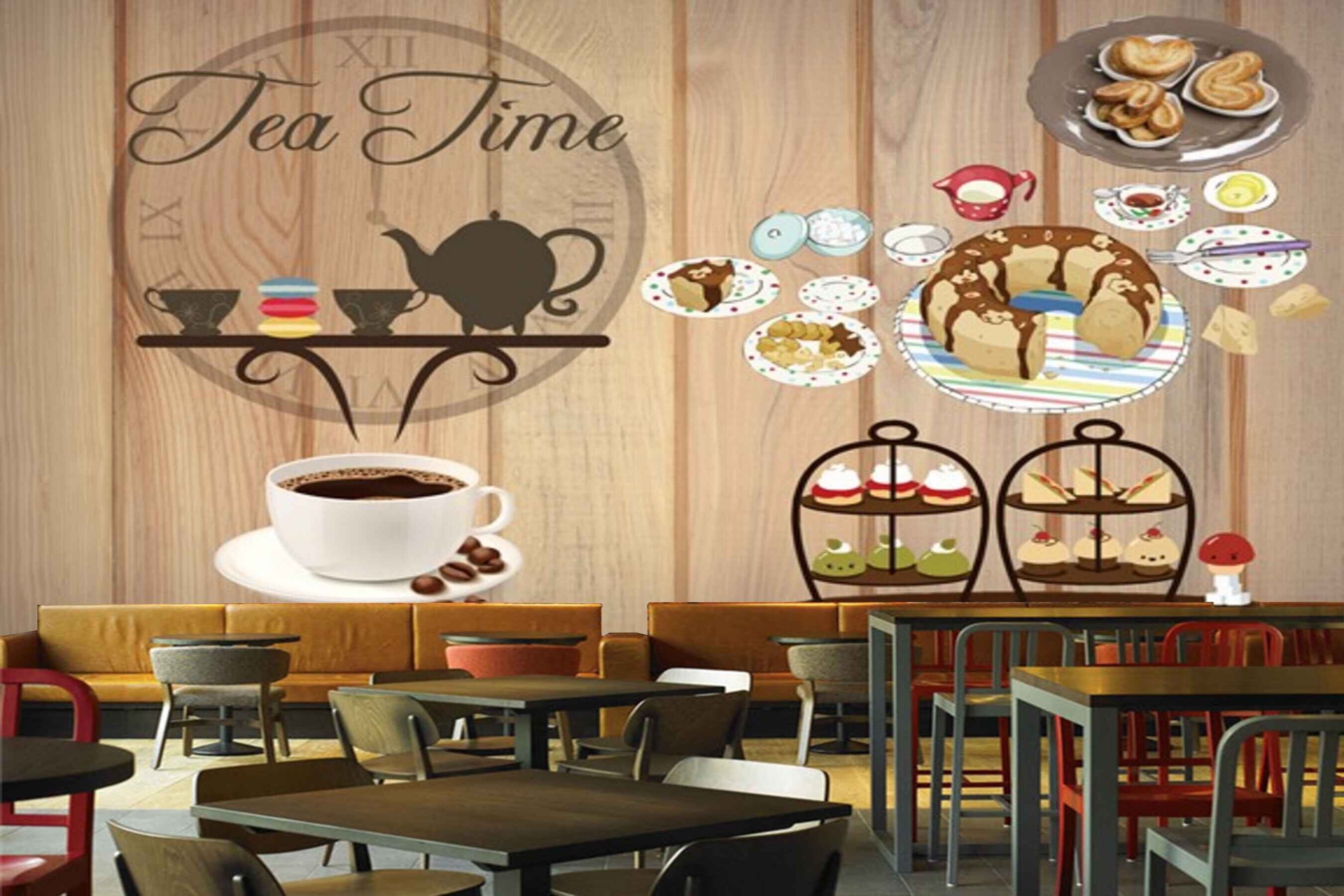 Avikalp MWZ3050 Tea Time Coffee Beans Cup Cakes HD Wallpaper for Cafe Restaurant