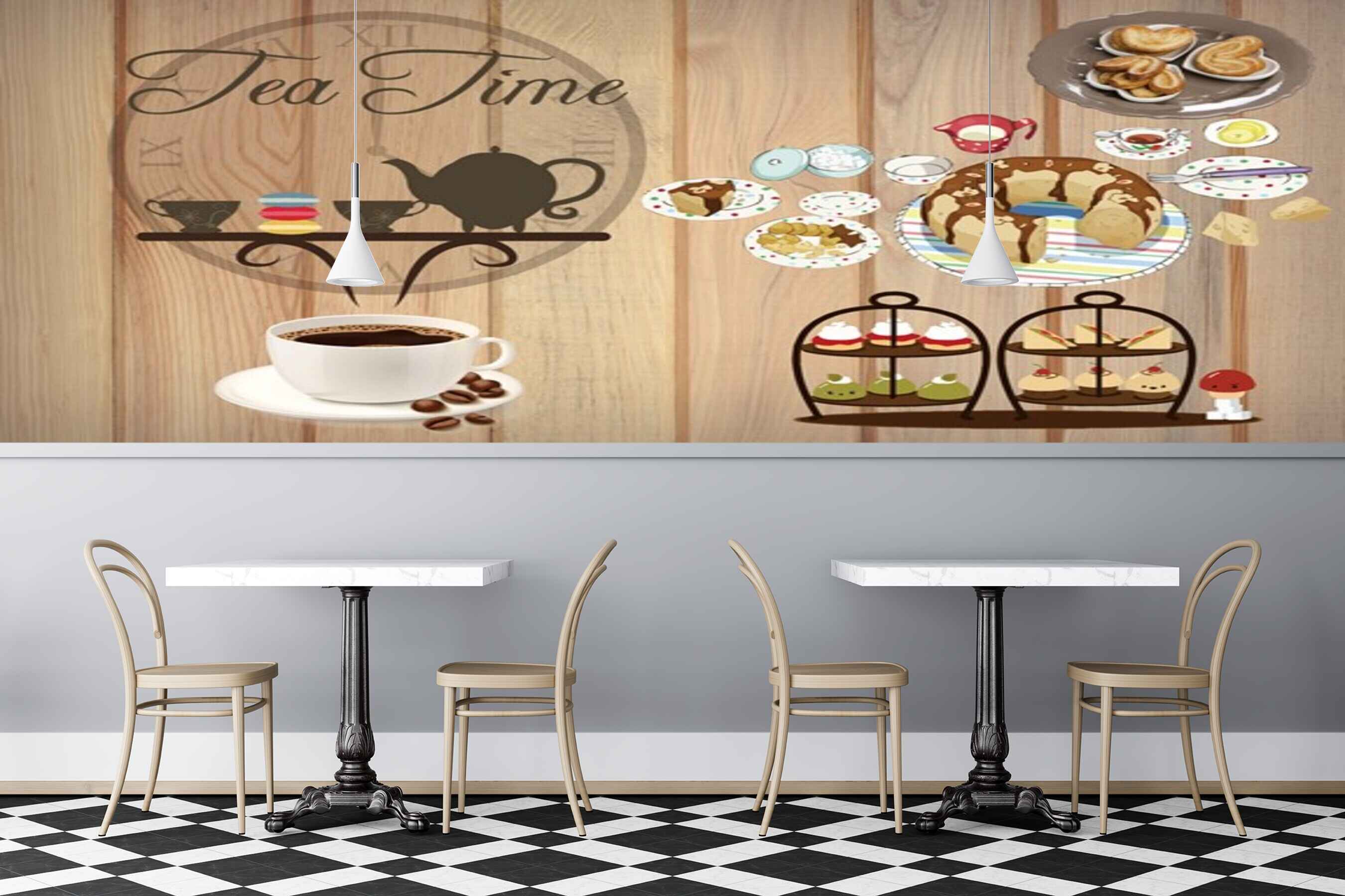 Avikalp MWZ3050 Tea Time Coffee Beans Cup Cakes HD Wallpaper for Cafe Restaurant