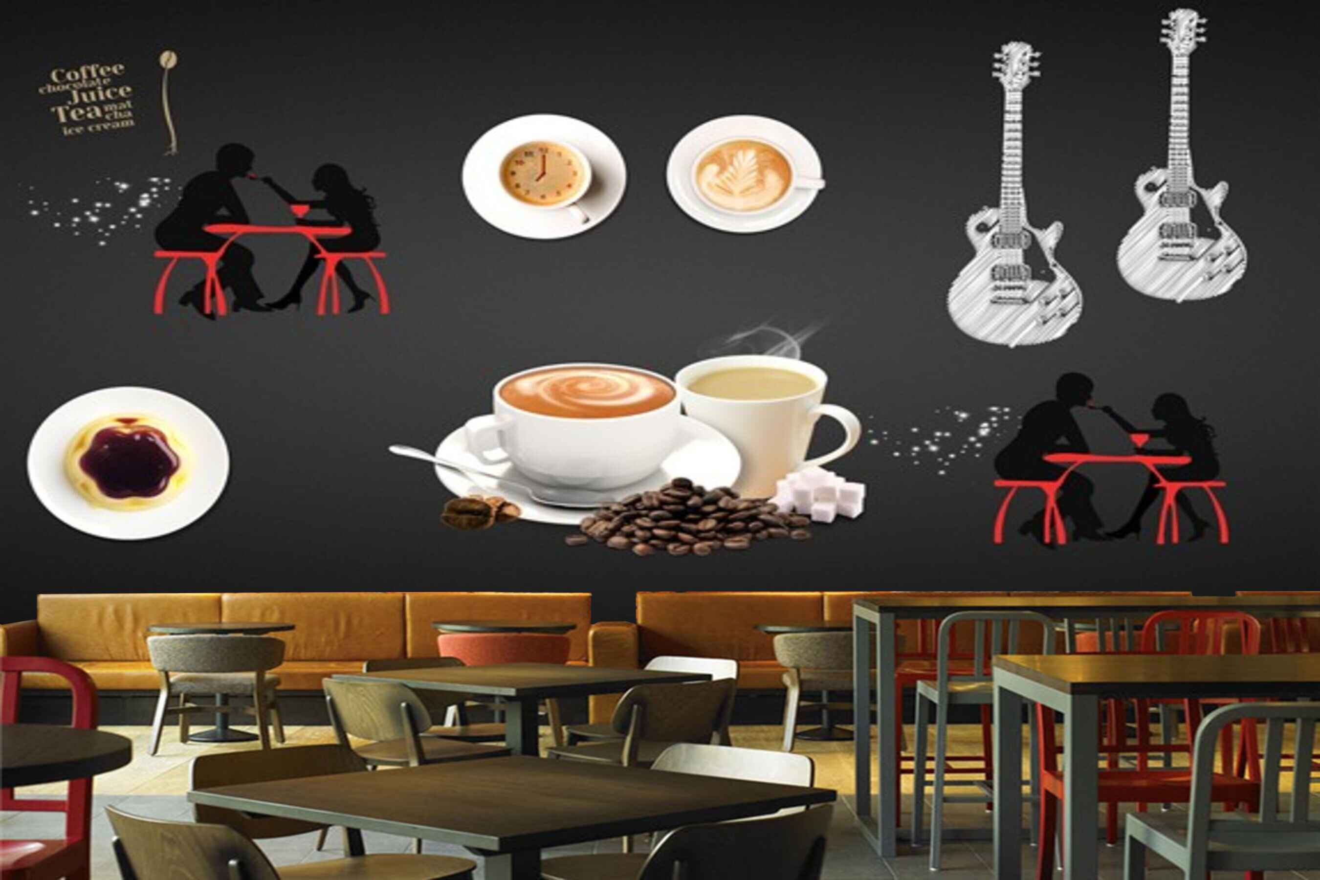 Avikalp MWZ3054 Cafe Coffee Couples Guitar HD Wallpaper for Cafe Restaurant