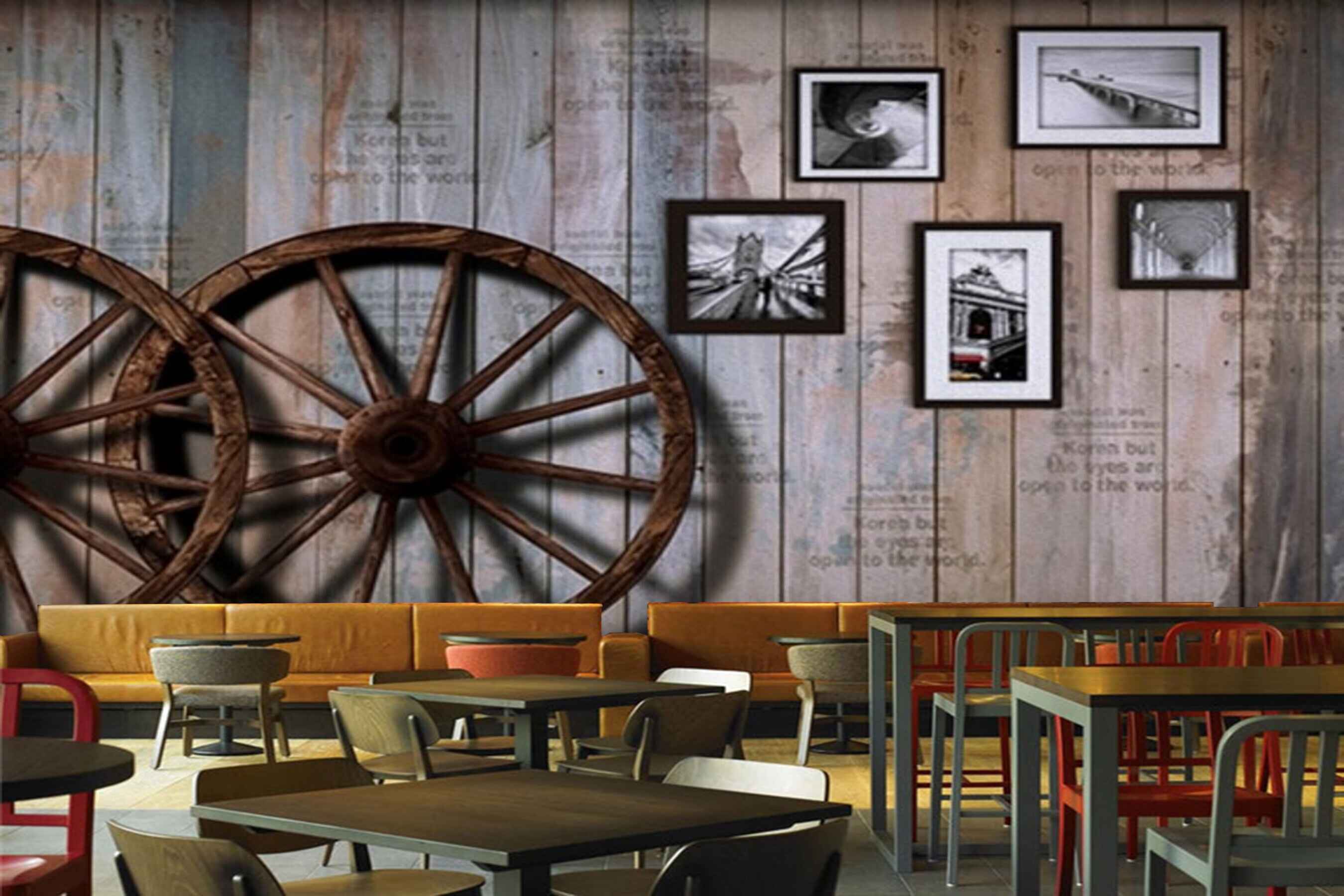 Avikalp MWZ3056 Photo Frames Wooden Wheels HD Wallpaper for Cafe Restaurant