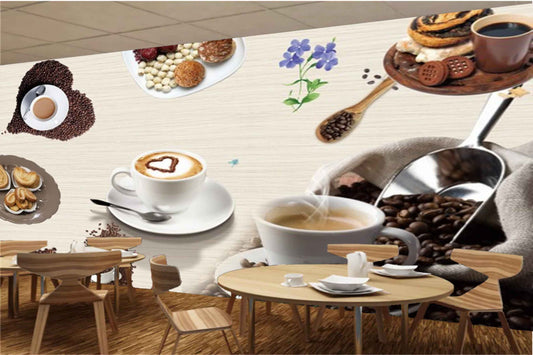 Avikalp MWZ3057 Coffee Beans Biscuits Purple Flowers HD Wallpaper for Cafe Restaurant