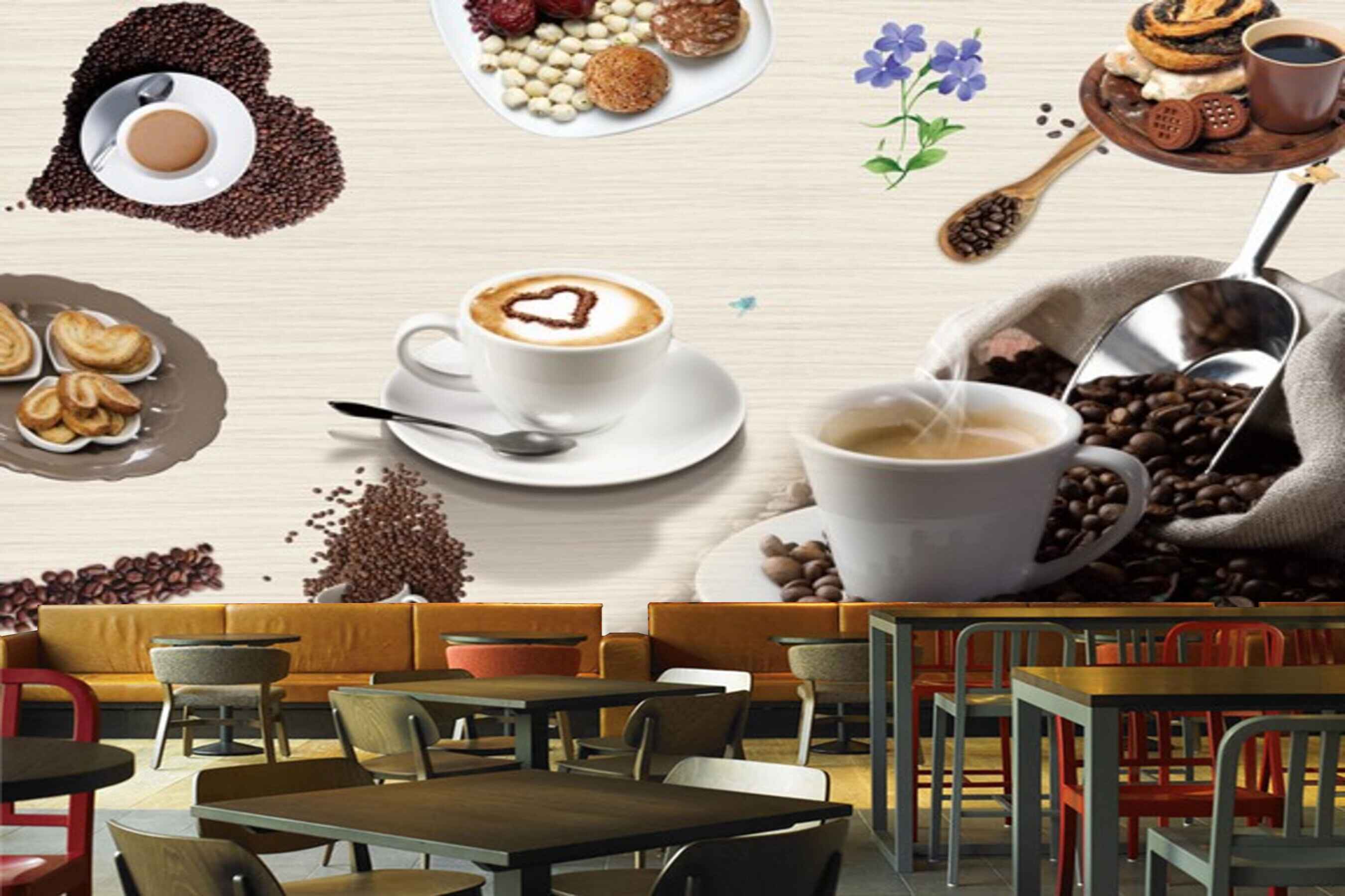Avikalp MWZ3057 Coffee Beans Biscuits Purple Flowers HD Wallpaper for Cafe Restaurant