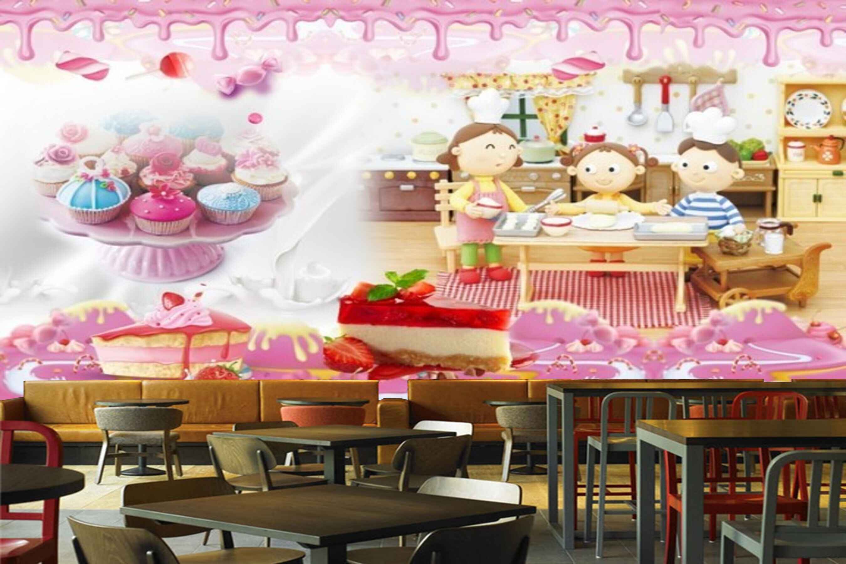 Avikalp MWZ3060 Kids Cupcakes Strawberries Ice Creams HD Wallpaper for Cafe Restaurant