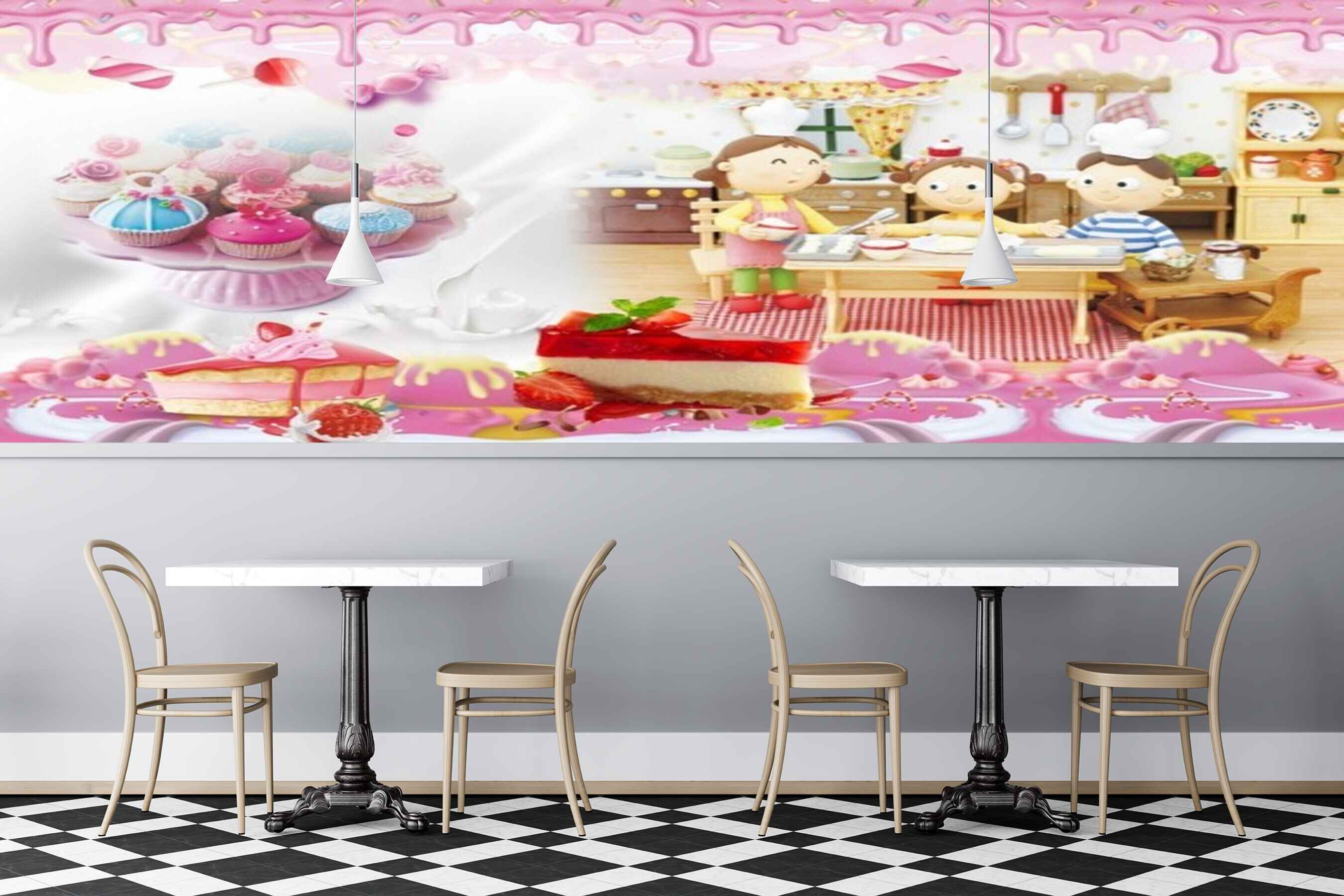 Avikalp MWZ3060 Kids Cupcakes Strawberries Ice Creams HD Wallpaper for Cafe Restaurant