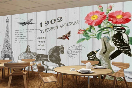 Avikalp MWZ3076 Eiffel Tower Horse Cart Flowers Birds Aeroplane HD Wallpaper for Cafe Restaurant