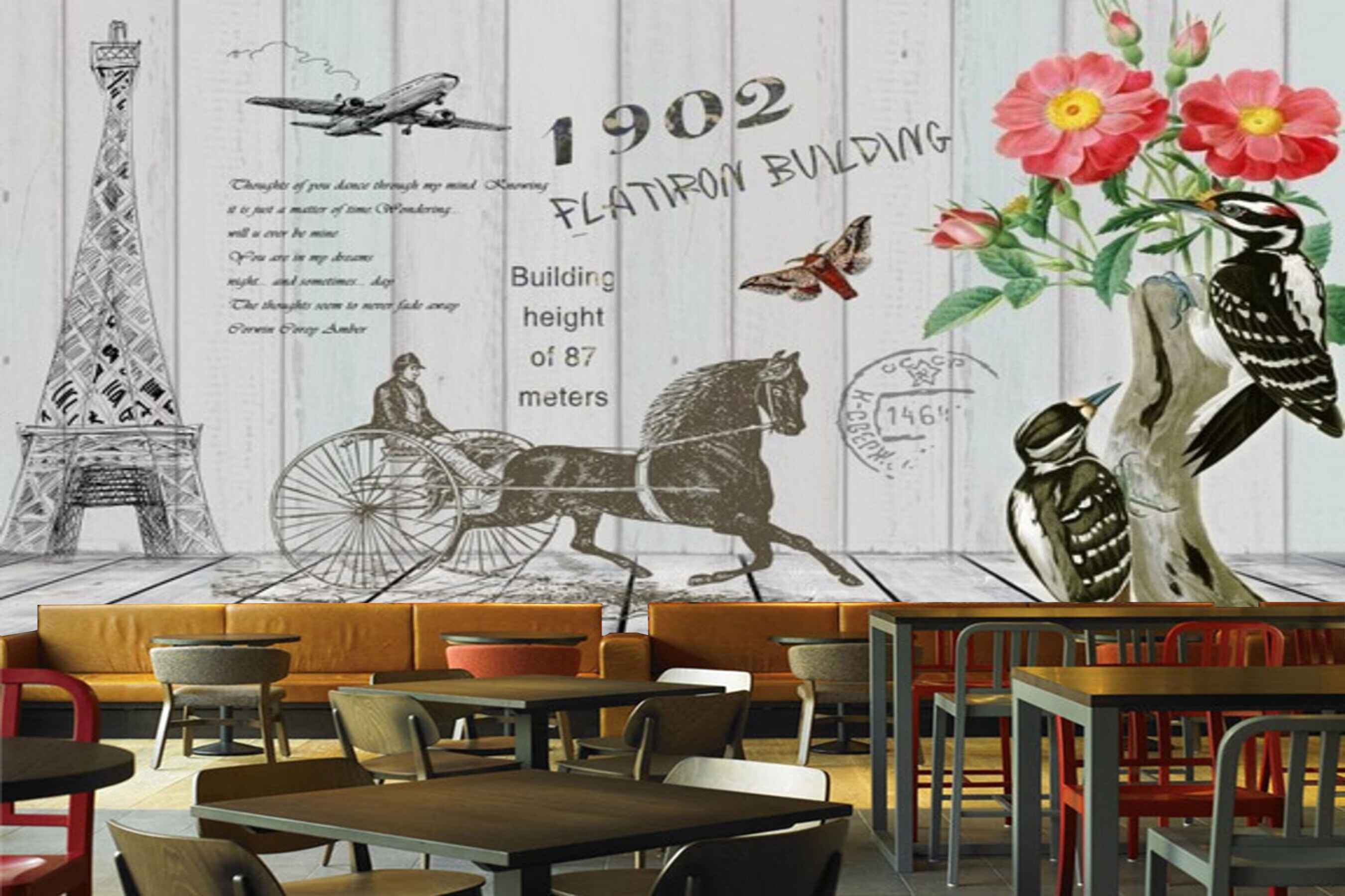 Avikalp MWZ3076 Eiffel Tower Horse Cart Flowers Birds Aeroplane HD Wallpaper for Cafe Restaurant