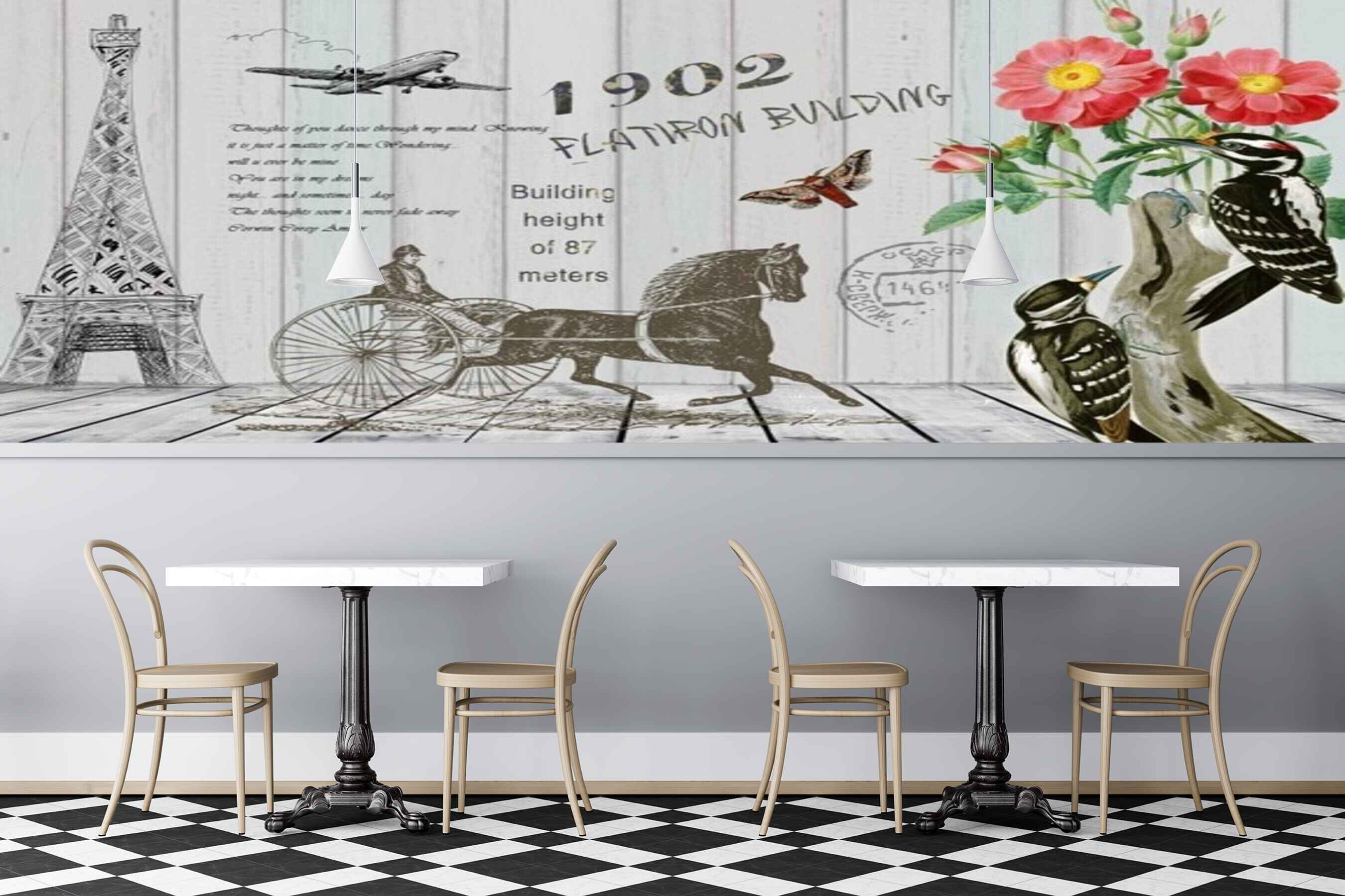 Avikalp MWZ3076 Eiffel Tower Horse Cart Flowers Birds Aeroplane HD Wallpaper for Cafe Restaurant