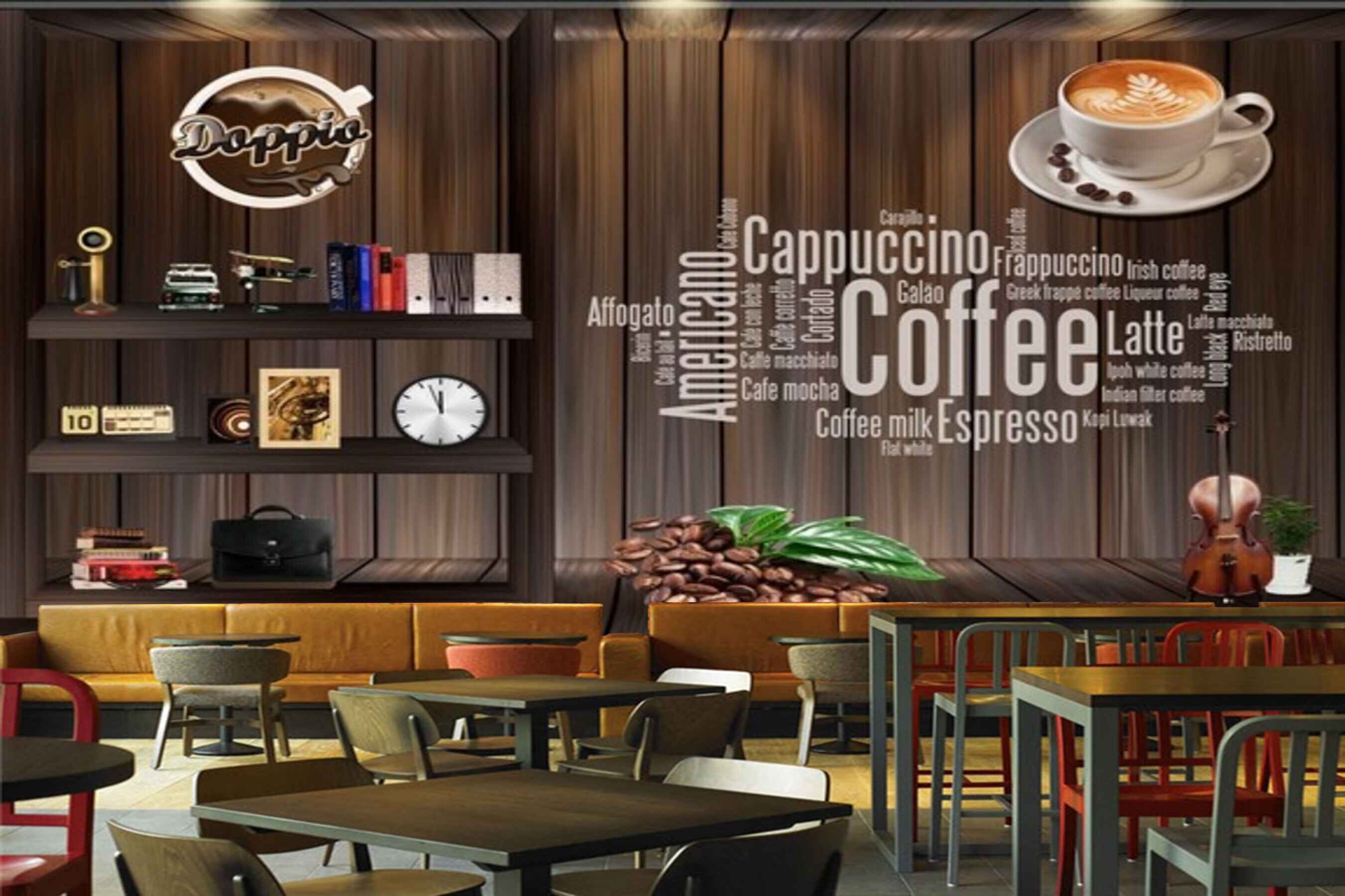 Avikalp MWZ3079 Coffee Beans Doppie Books Clock Guitar HD Wallpaper for Cafe Restaurant