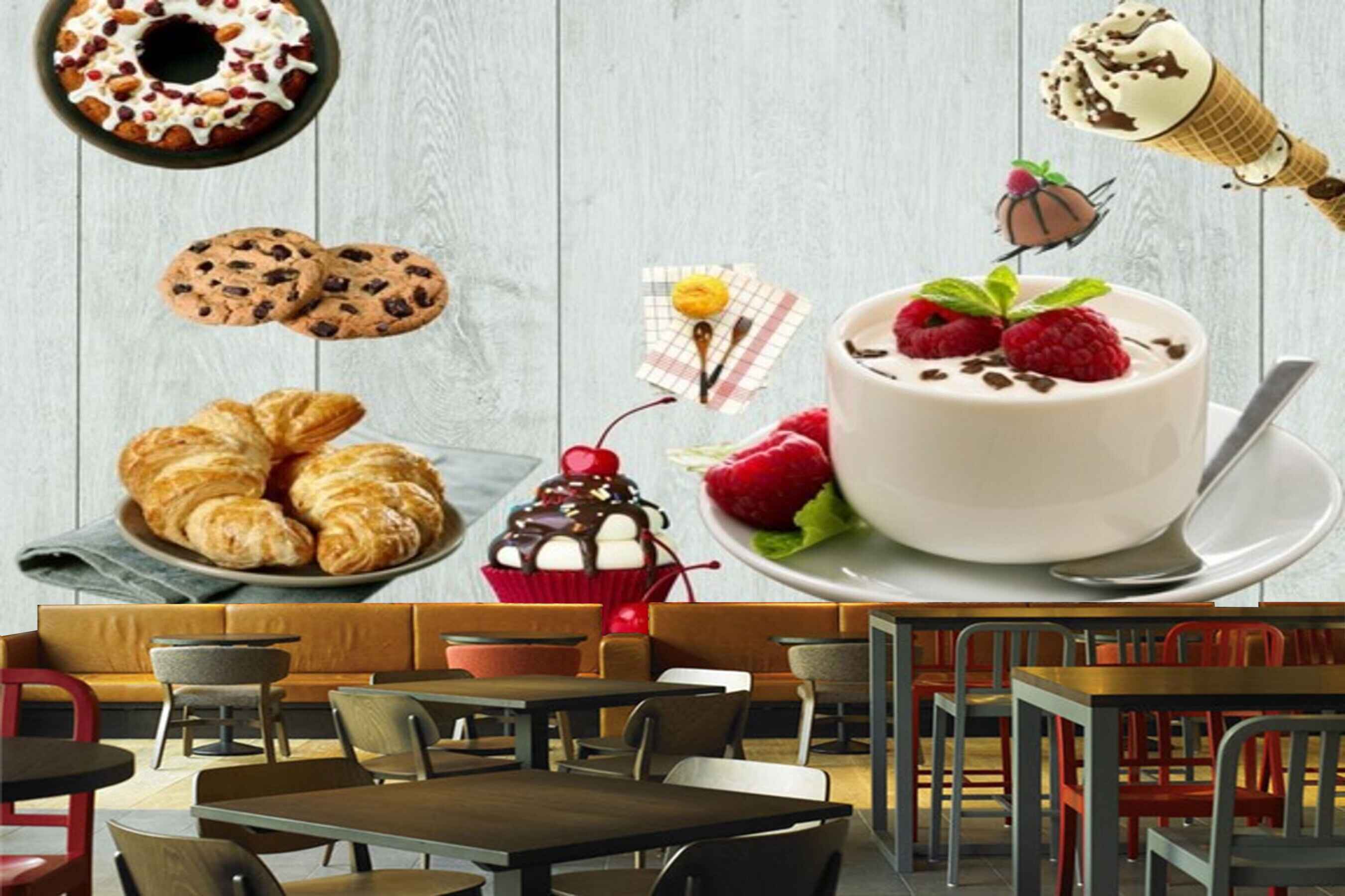 Avikalp MWZ3082 Biscuits Cup Cake Donuts Icecreams Cherries HD Wallpaper for Cafe Restaurant