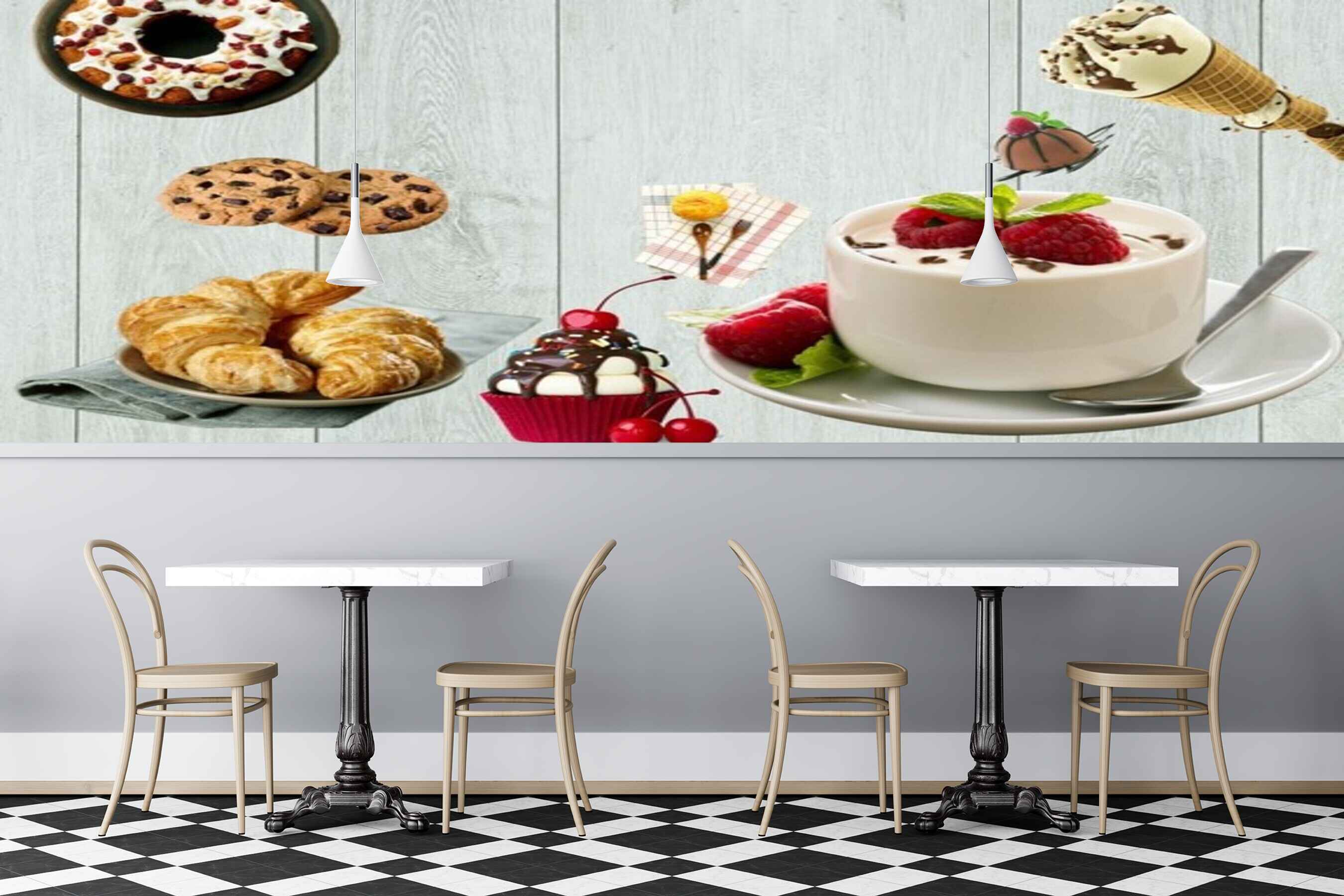 Avikalp MWZ3082 Biscuits Cup Cake Donuts Icecreams Cherries HD Wallpaper for Cafe Restaurant