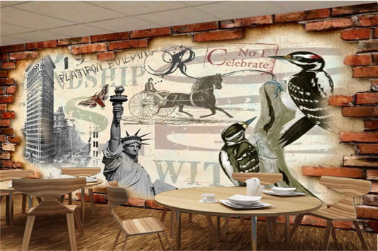 Avikalp MWZ3083 Flatron Building Statue Birds Horse HD Wallpaper for Cafe Restaurant