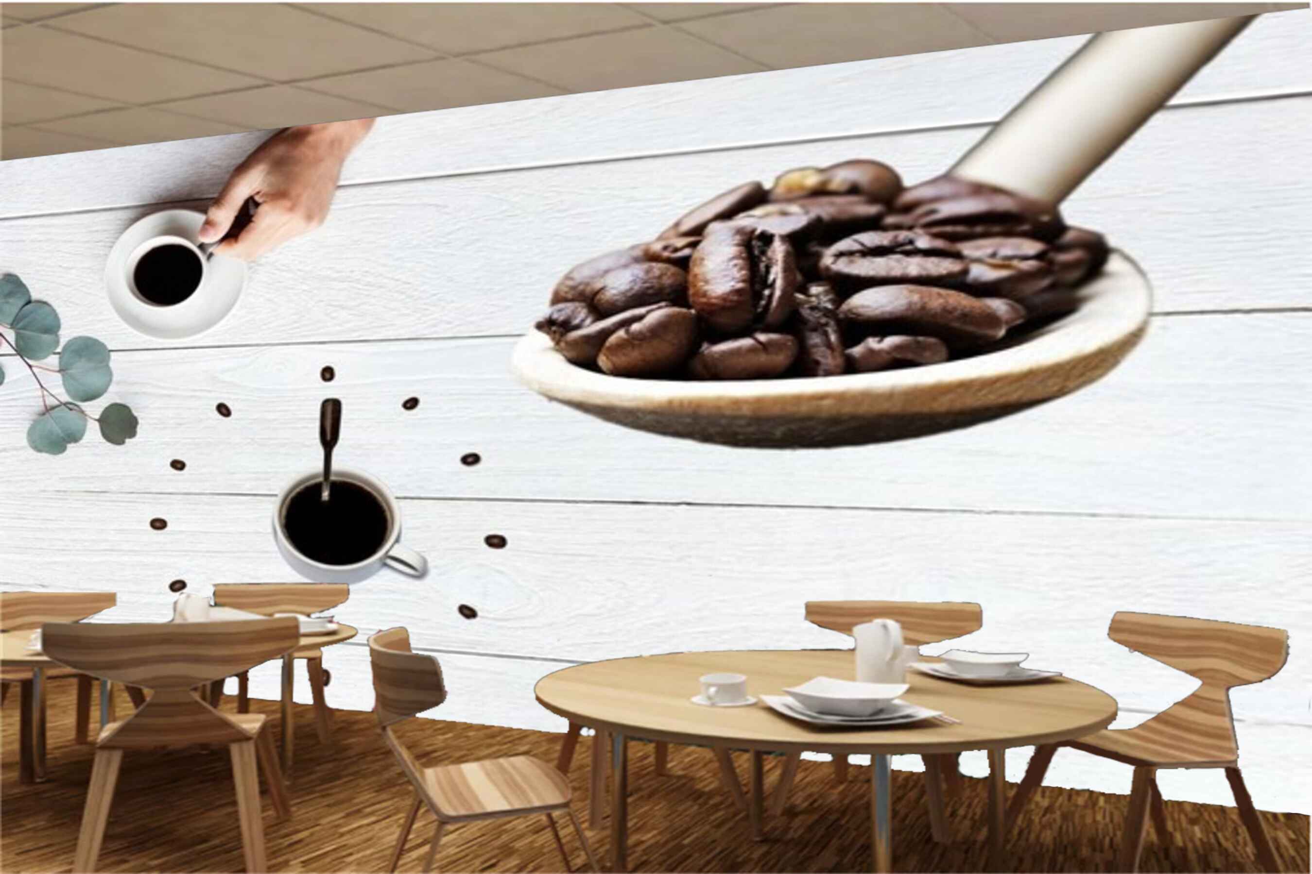 Avikalp MWZ3088 Coffee Beans Cups Leaves HD Wallpaper for Cafe Restaurant