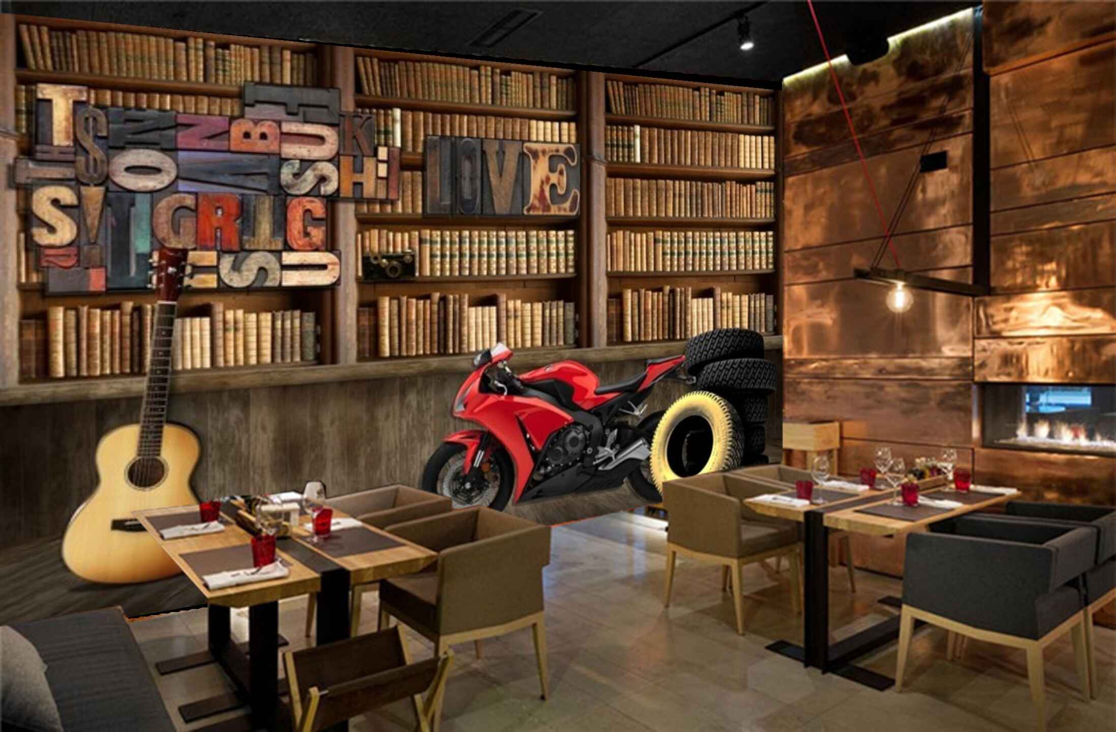 Avikalp MWZ3089 Bike Books Guitar Tyres HD Wallpaper for Cafe Restaurant