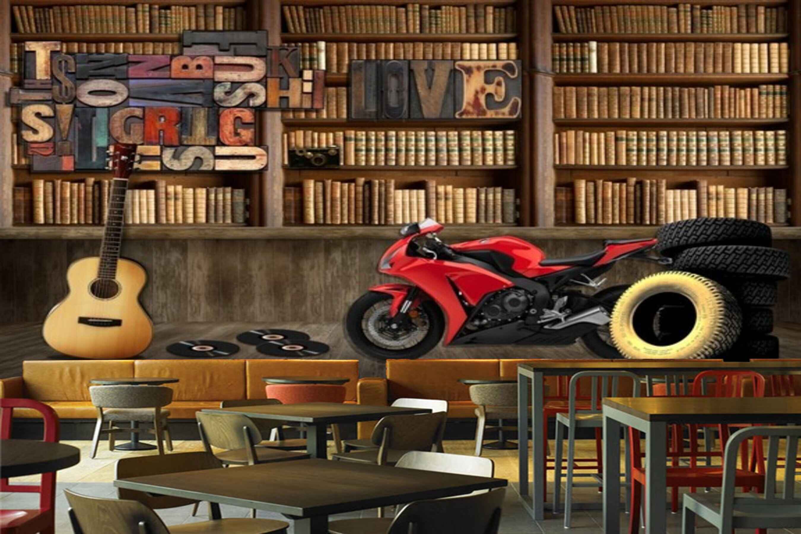 Avikalp MWZ3089 Bike Books Guitar Tyres HD Wallpaper for Cafe Restaurant