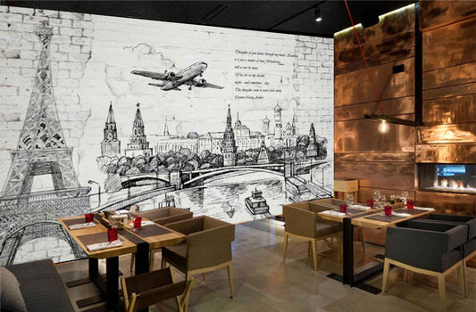 Avikalp MWZ3091 Aeroplane Eiffle Tower Culvert HD Wallpaper for Cafe Restaurant
