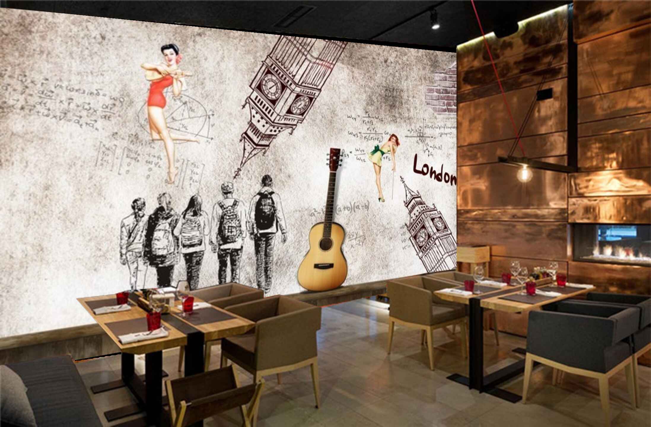 Avikalp MWZ3092 Girls Boys London Guitar HD Wallpaper for Cafe Restaurant