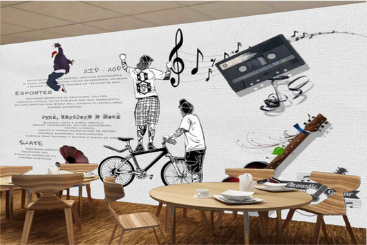 Avikalp MWZ3093 Teenage People Cycle Guitar Music HD Wallpaper for Cafe Restaurant