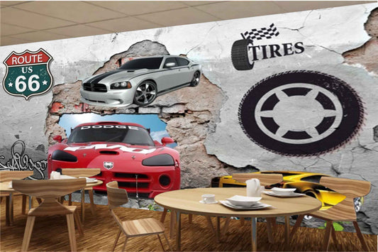 Avikalp MWZ3096 Red Yellow Grey Cars Tyres HD Wallpaper for Cafe Restaurant