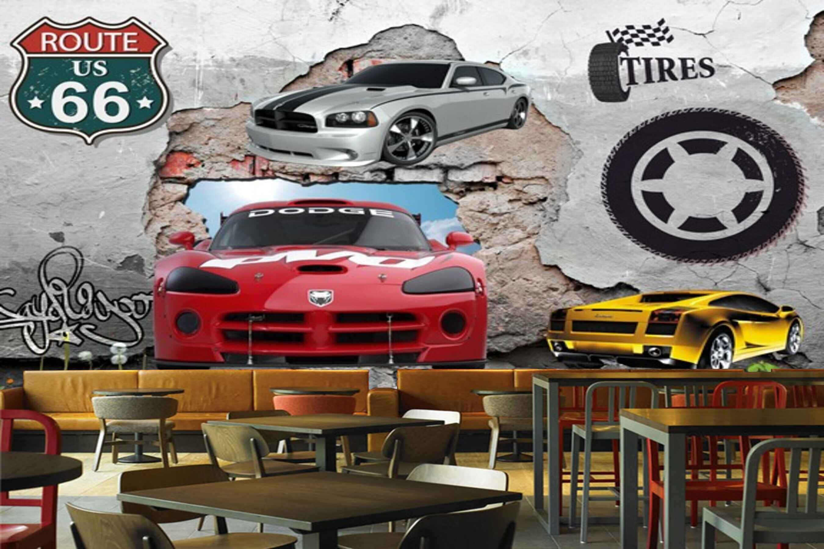 Avikalp MWZ3096 Red Yellow Grey Cars Tyres HD Wallpaper for Cafe Restaurant