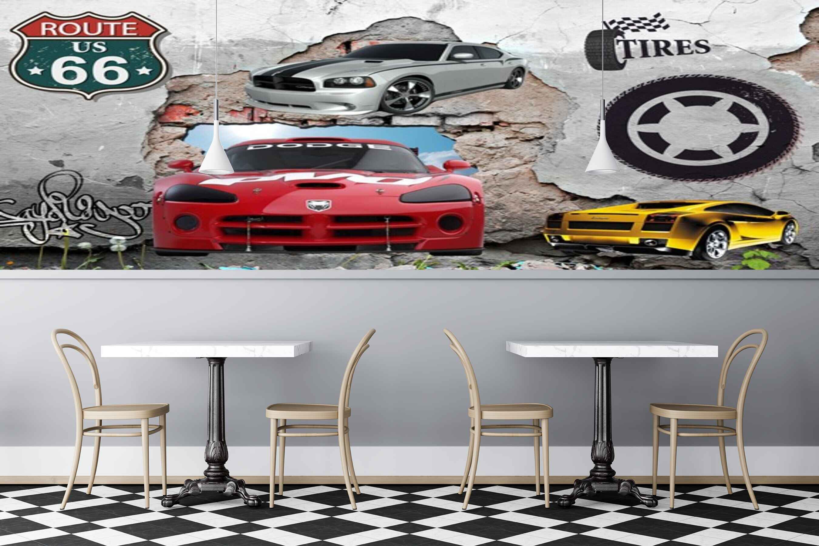 Avikalp MWZ3096 Red Yellow Grey Cars Tyres HD Wallpaper for Cafe Restaurant