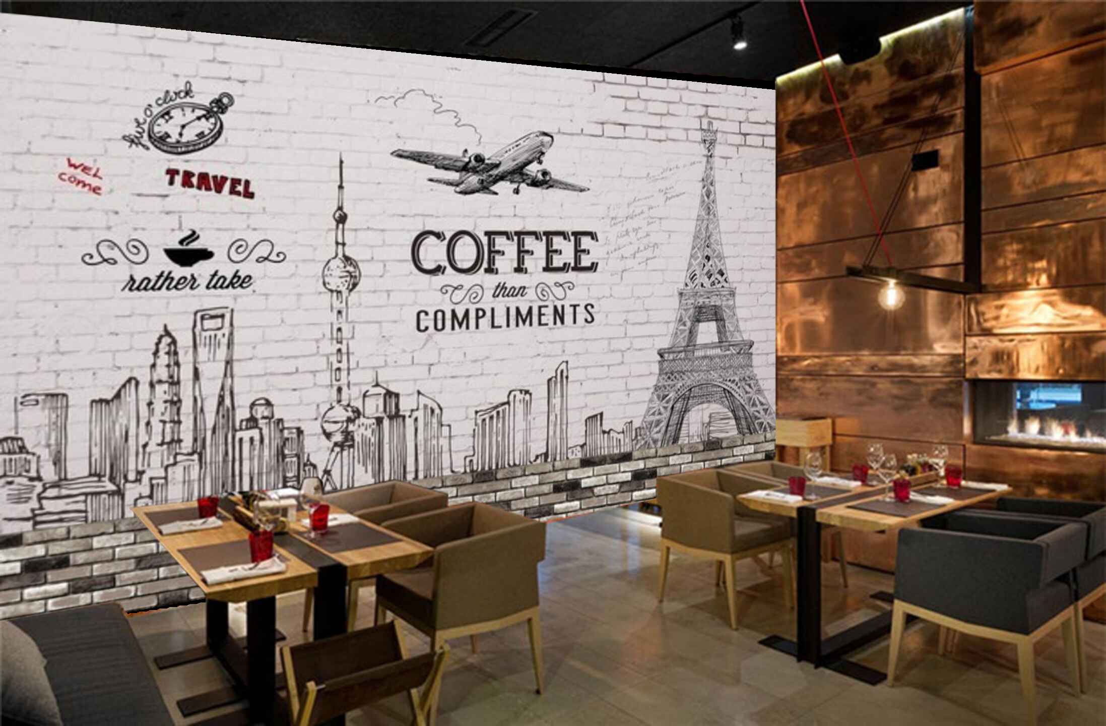 Avikalp MWZ3098 Eiffle Tower Coffee Aeroplane Clock HD Wallpaper for Cafe Restaurant