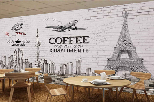 Avikalp MWZ3098 Eiffle Tower Coffee Aeroplane Clock HD Wallpaper for Cafe Restaurant