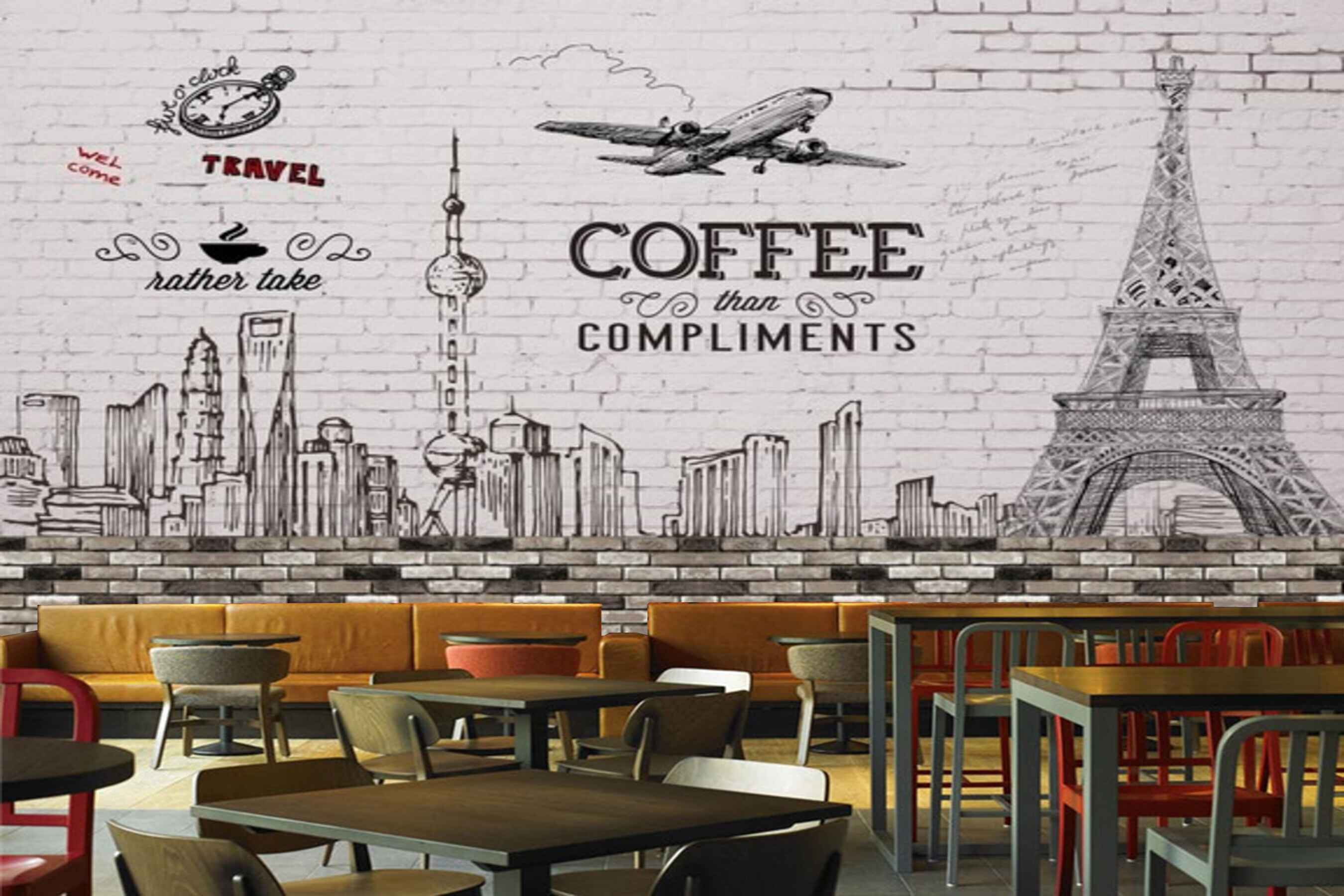 Avikalp MWZ3098 Eiffle Tower Coffee Aeroplane Clock HD Wallpaper for Cafe Restaurant