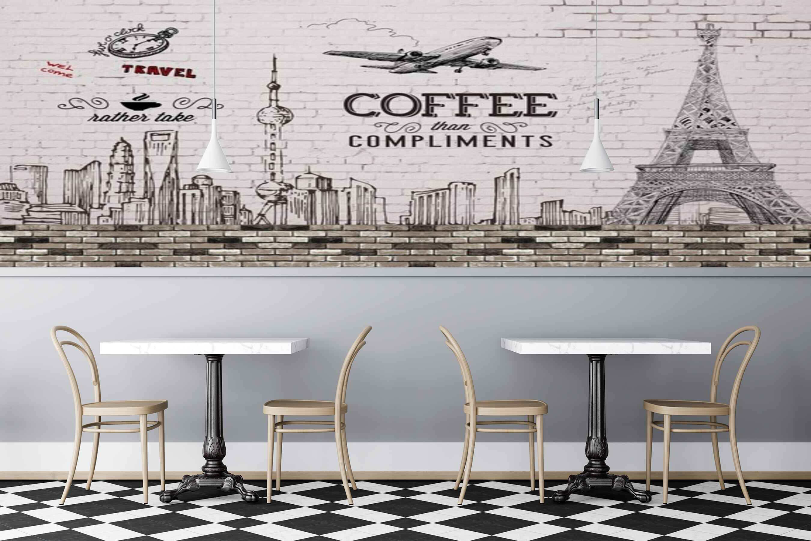 Avikalp MWZ3098 Eiffle Tower Coffee Aeroplane Clock HD Wallpaper for Cafe Restaurant