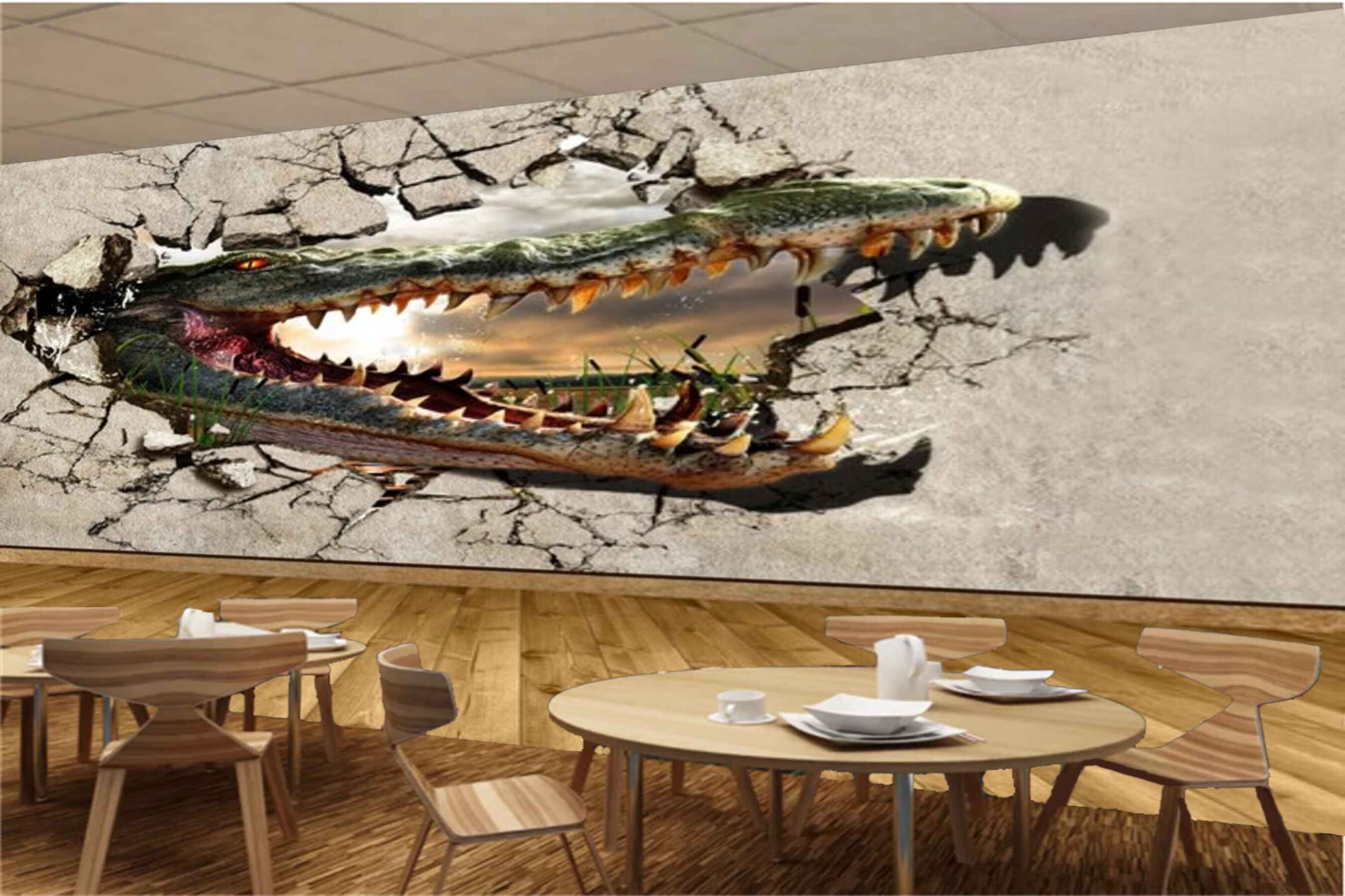 Avikalp MWZ3111 Crocodile Wall Break HD Wallpaper for Cafe Restaurant
