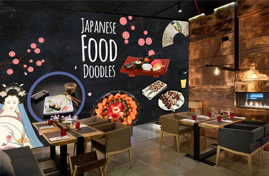 Avikalp MWZ3113 Japanese Food Doodles Food Meat Drinks HD Wallpaper for Cafe Restaurant