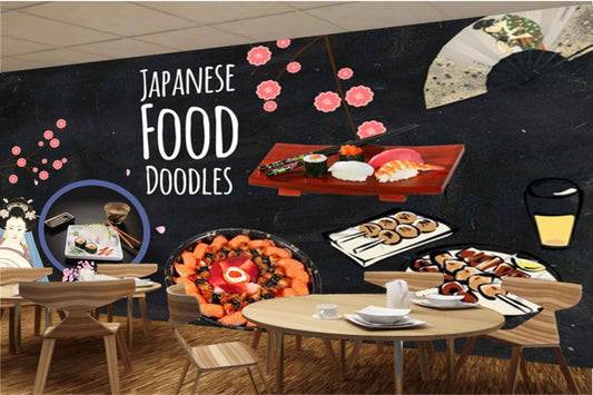 Avikalp MWZ3113 Japanese Food Doodles Food Meat Drinks HD Wallpaper for Cafe Restaurant
