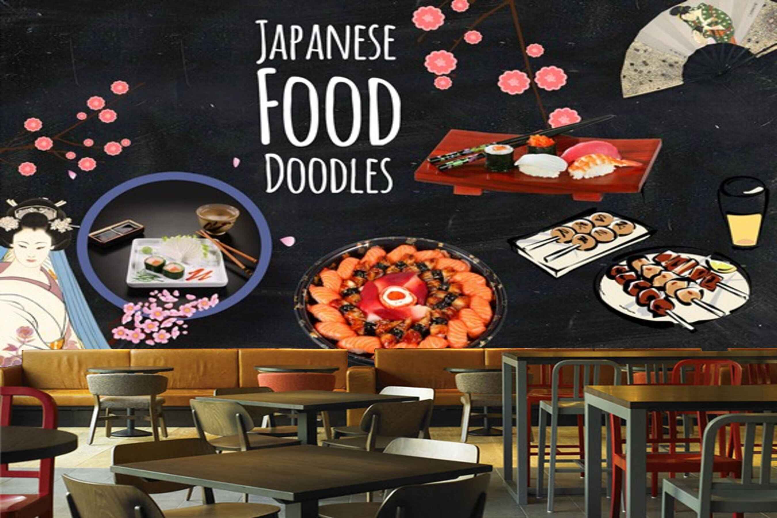 Avikalp MWZ3113 Japanese Food Doodles Food Meat Drinks HD Wallpaper for Cafe Restaurant