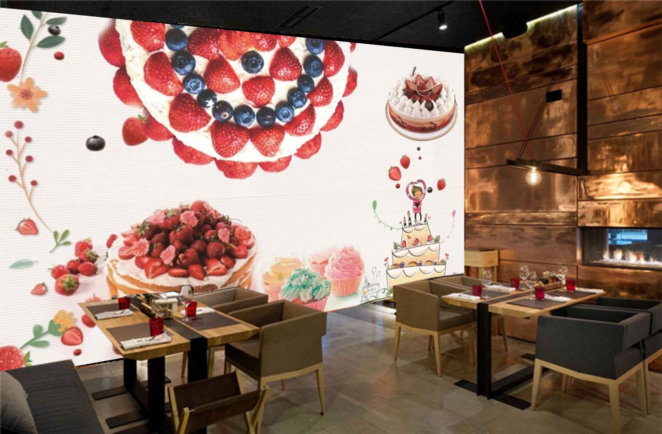 Avikalp MWZ3116 Strawberries Cake Cup Cake Flowers Leaves HD Wallpaper for Cafe Restaurant