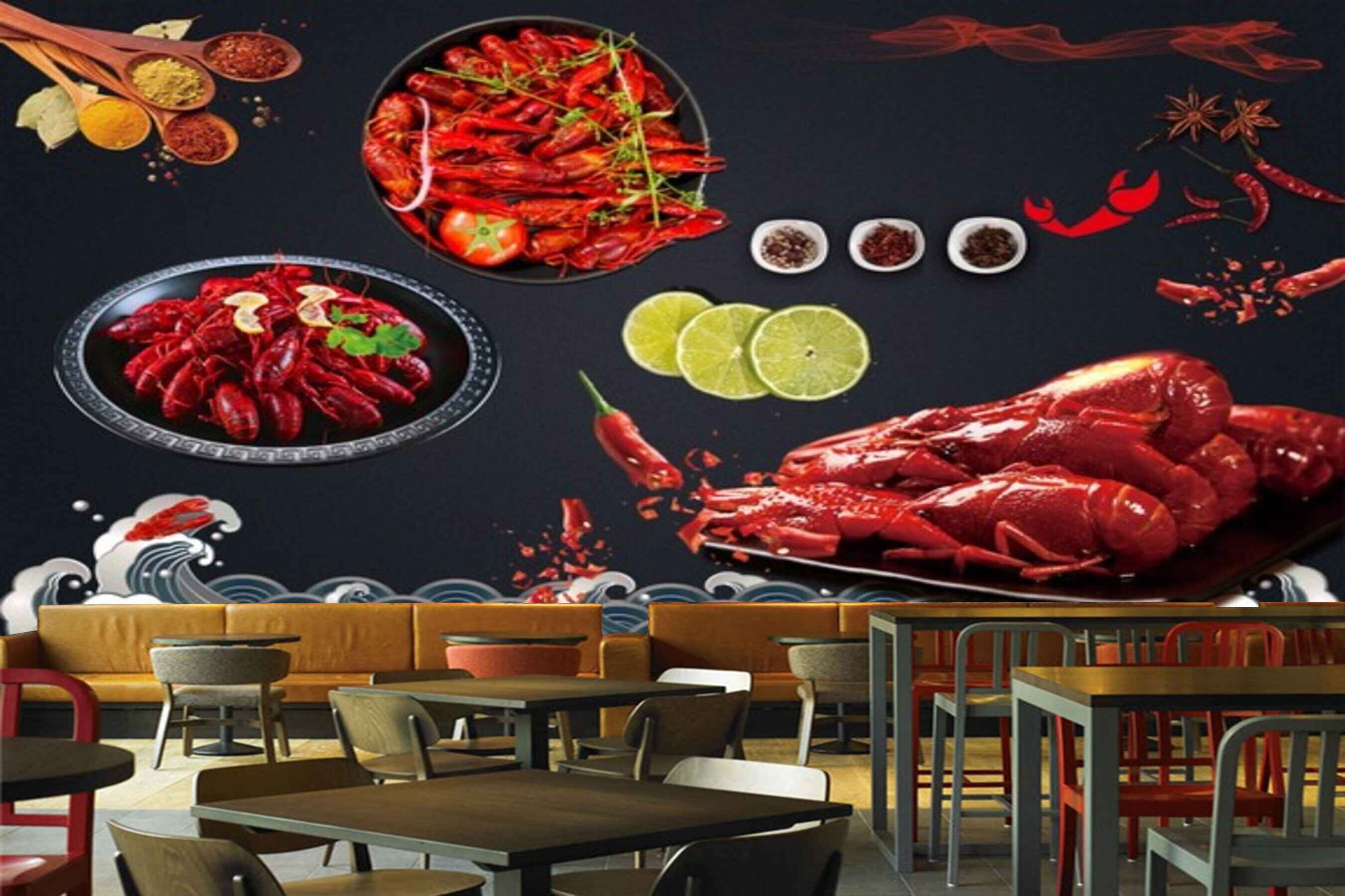 Avikalp MWZ3122 Meat Prawns Spices Lemons HD Wallpaper for Cafe Restaurant