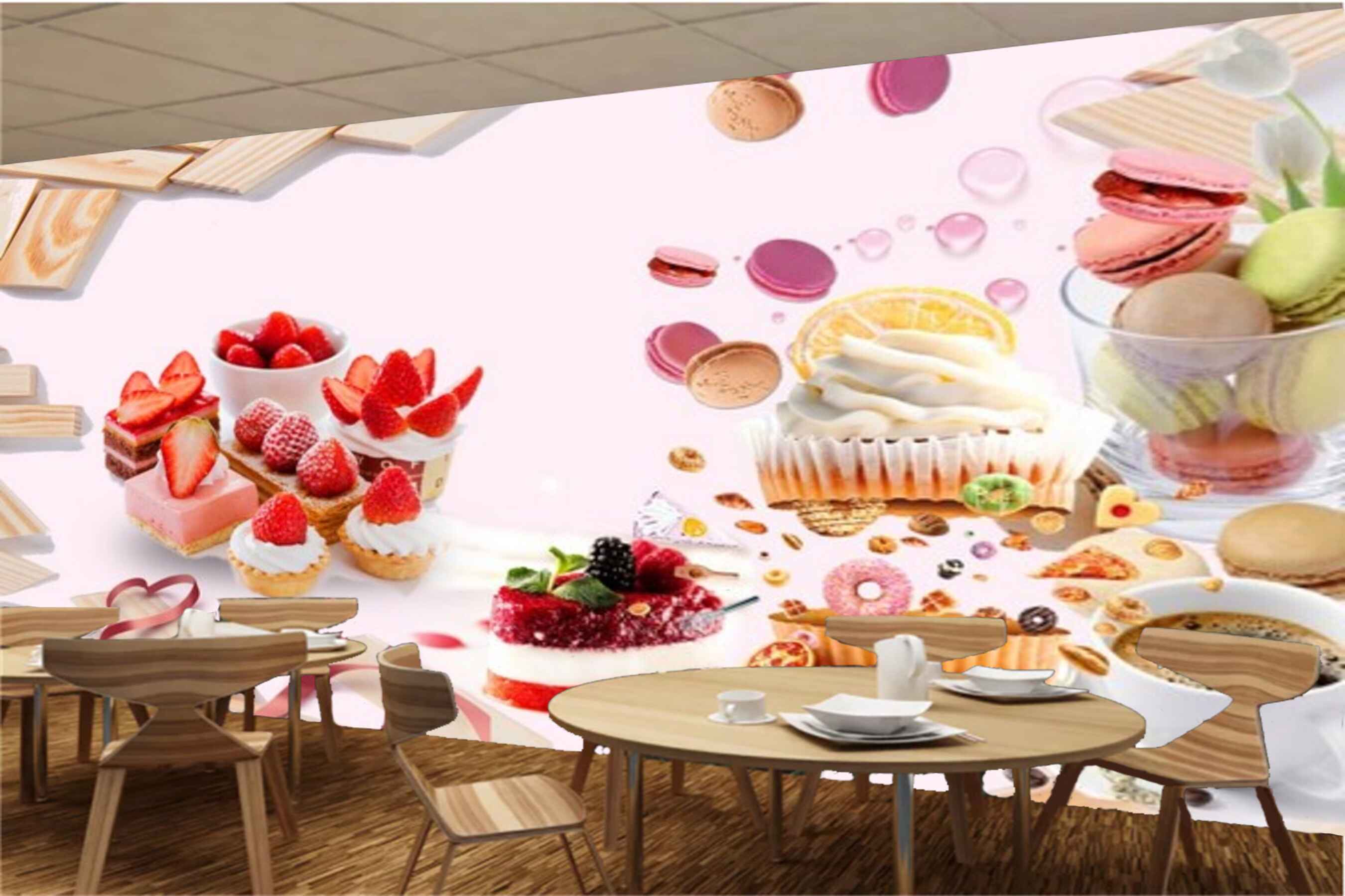 Avikalp MWZ3123 Cup Cakes Fruits Cookies Coffee HD Wallpaper for Cafe Restaurant