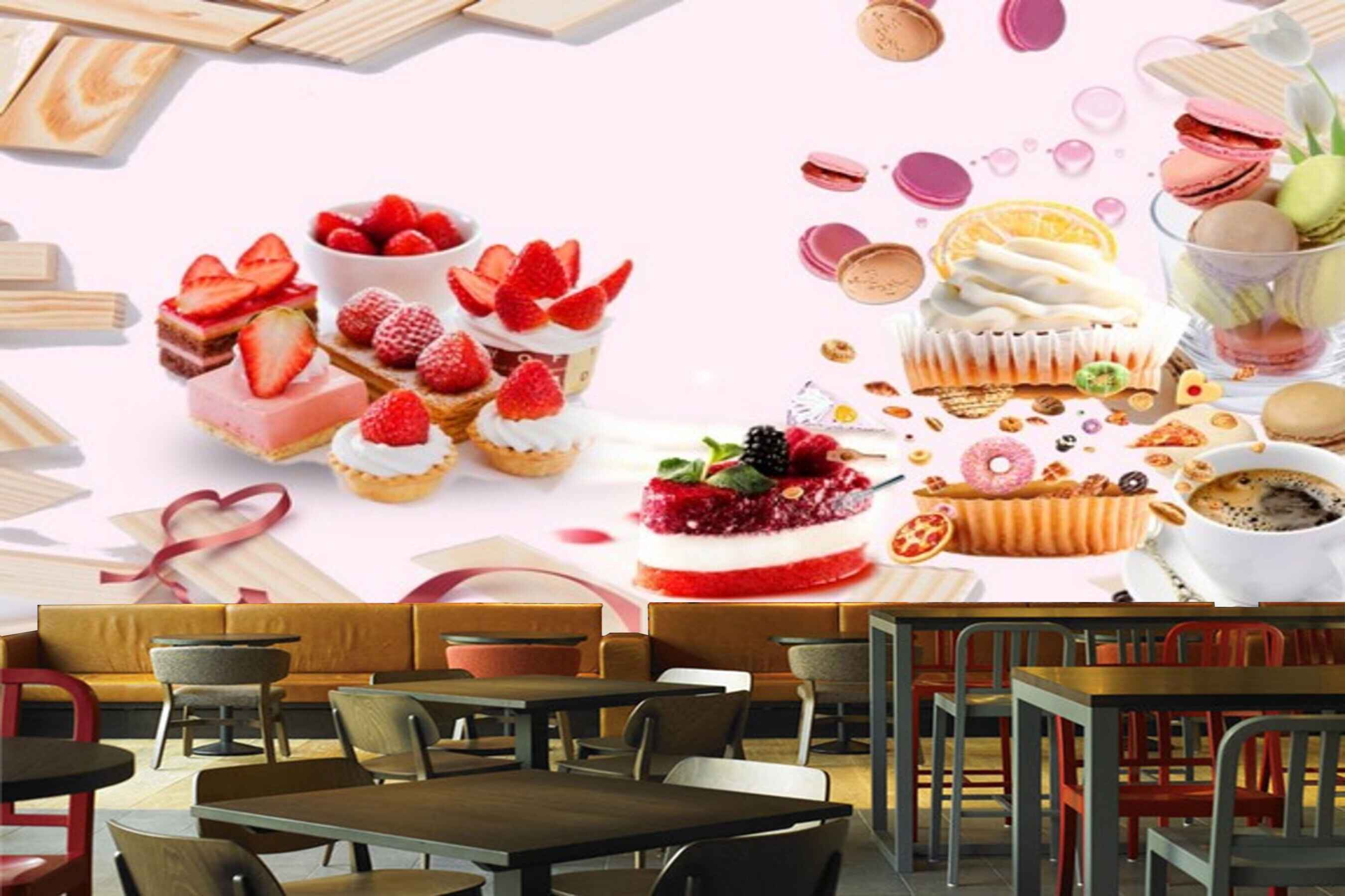 Avikalp MWZ3123 Cup Cakes Fruits Cookies Coffee HD Wallpaper for Cafe Restaurant