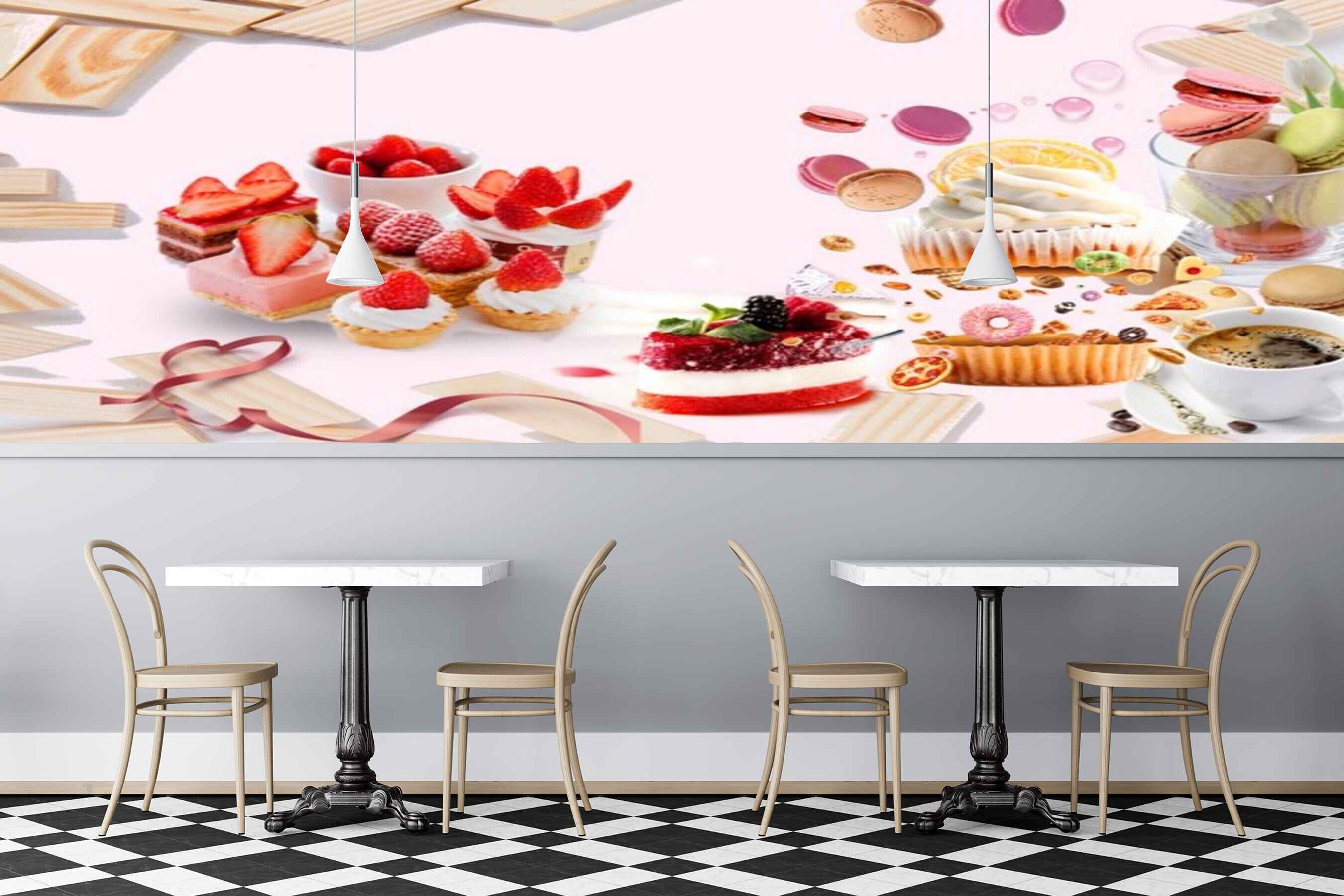 Avikalp MWZ3123 Cup Cakes Fruits Cookies Coffee HD Wallpaper for Cafe Restaurant