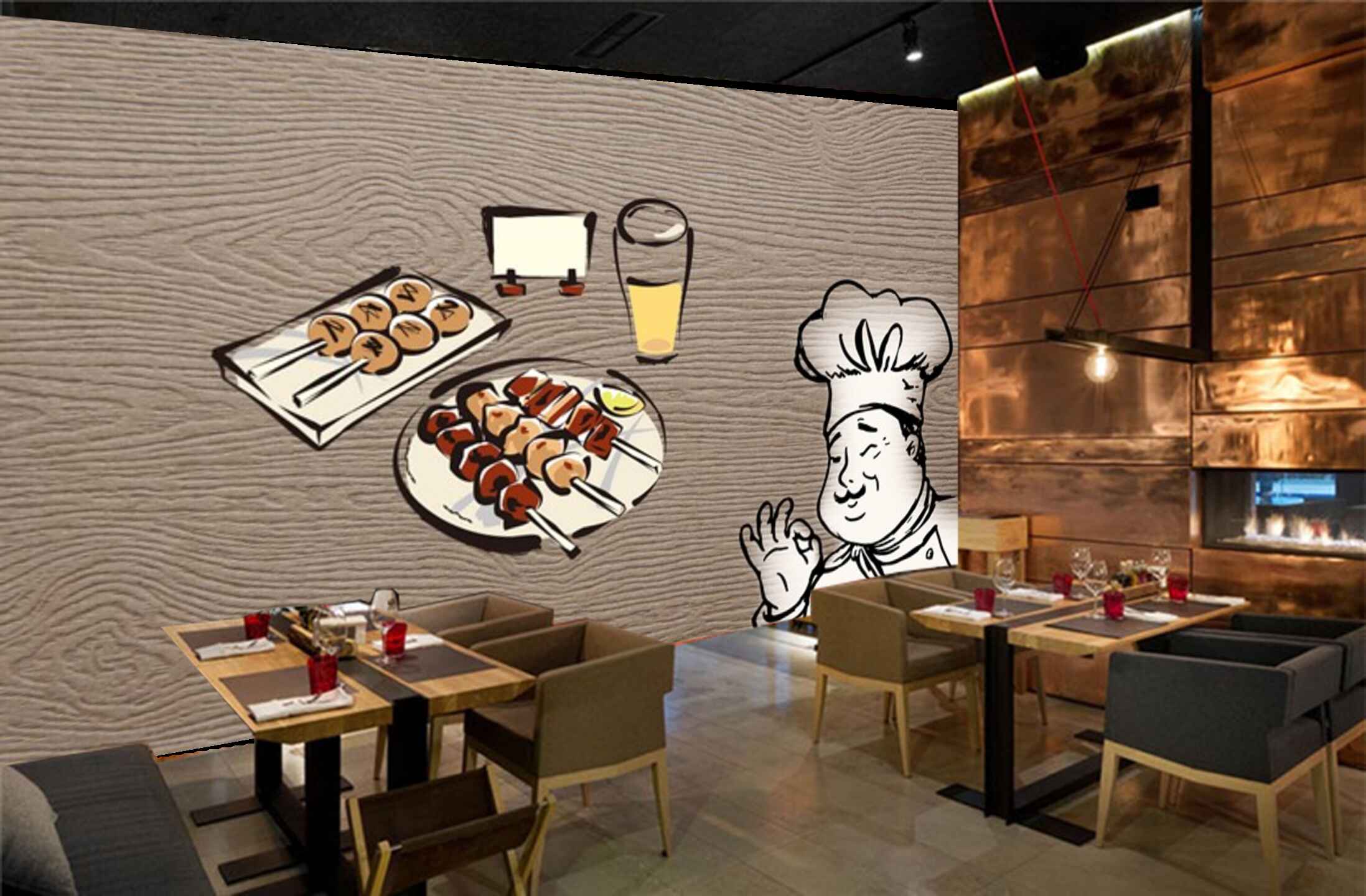 Avikalp MWZ3126 Chef Drinks Meat HD Wallpaper for Cafe Restaurant