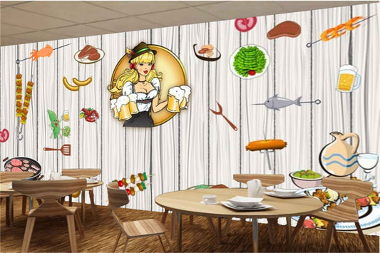 Avikalp MWZ3134 Girl Drinks Drum Sticks Meat Food HD Wallpaper for Cafe Restaurant