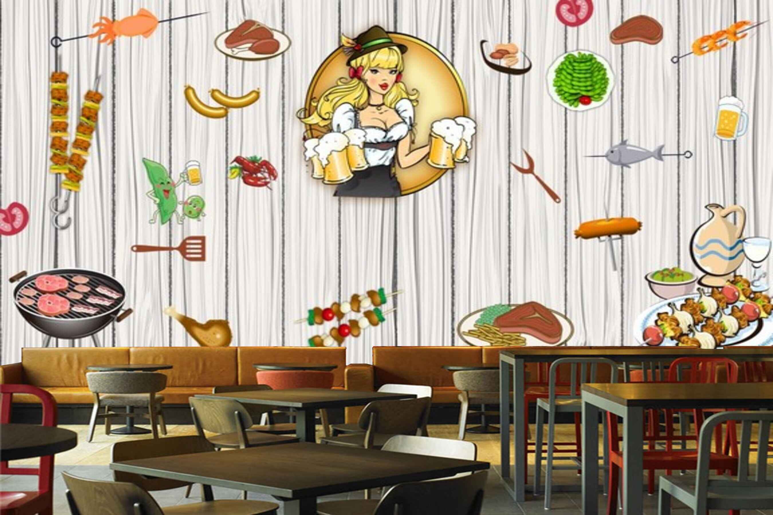 Avikalp MWZ3134 Girl Drinks Drum Sticks Meat Food HD Wallpaper for Cafe Restaurant