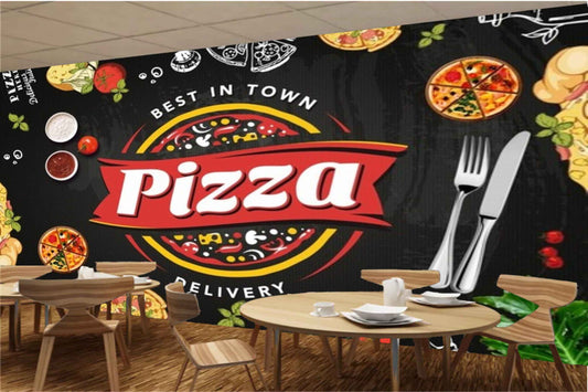 Avikalp MWZ3135 Pizzas Folks Spoons HD Wallpaper for Cafe Restaurant