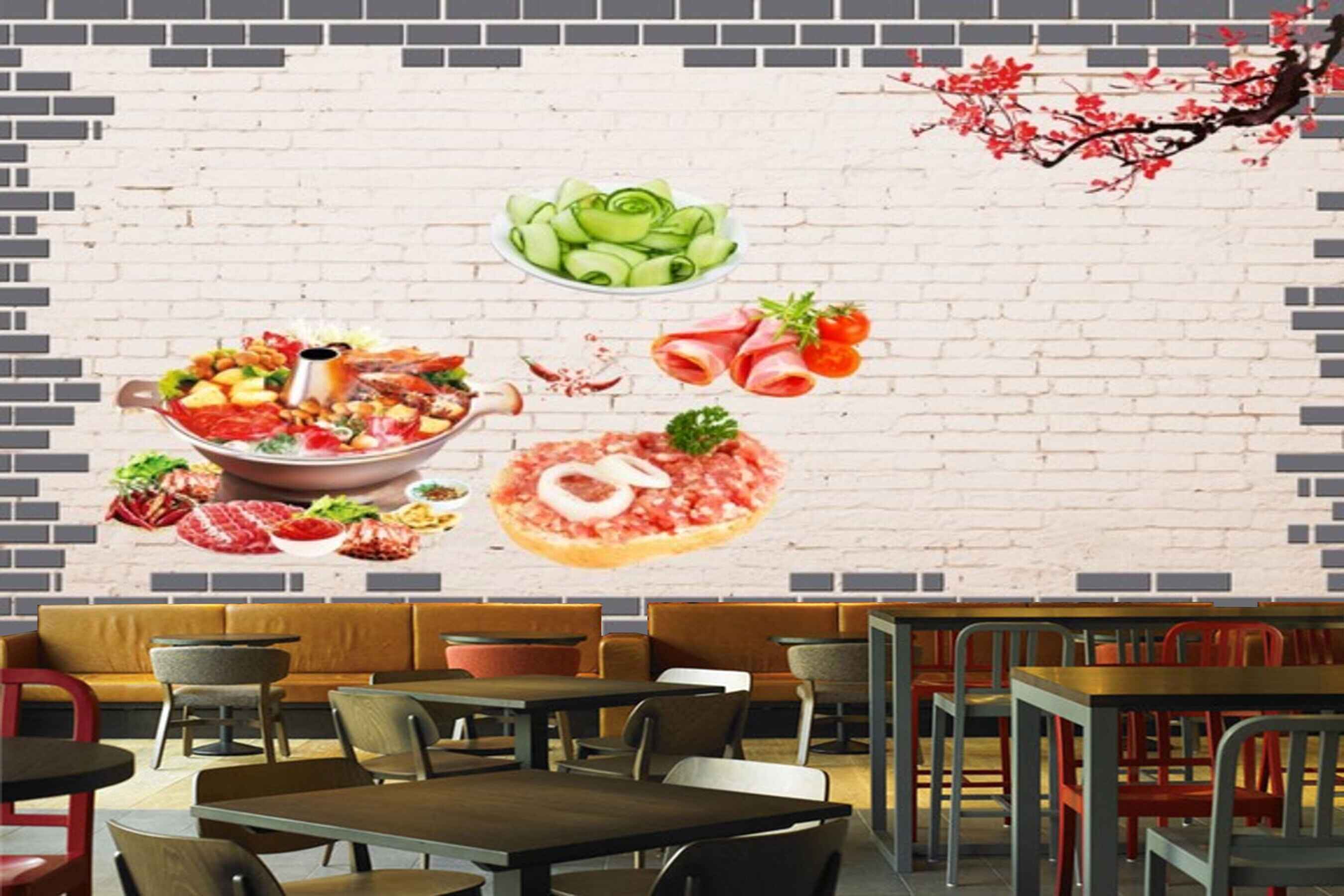 Avikalp MWZ3138 Meat Veggies Salads Pink Flowers HD Wallpaper for Cafe Restaurant