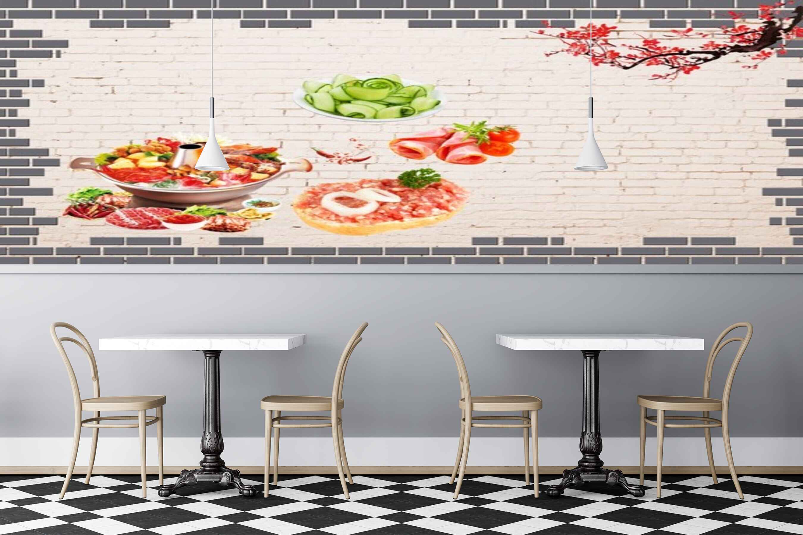 Avikalp MWZ3138 Meat Veggies Salads Pink Flowers HD Wallpaper for Cafe Restaurant