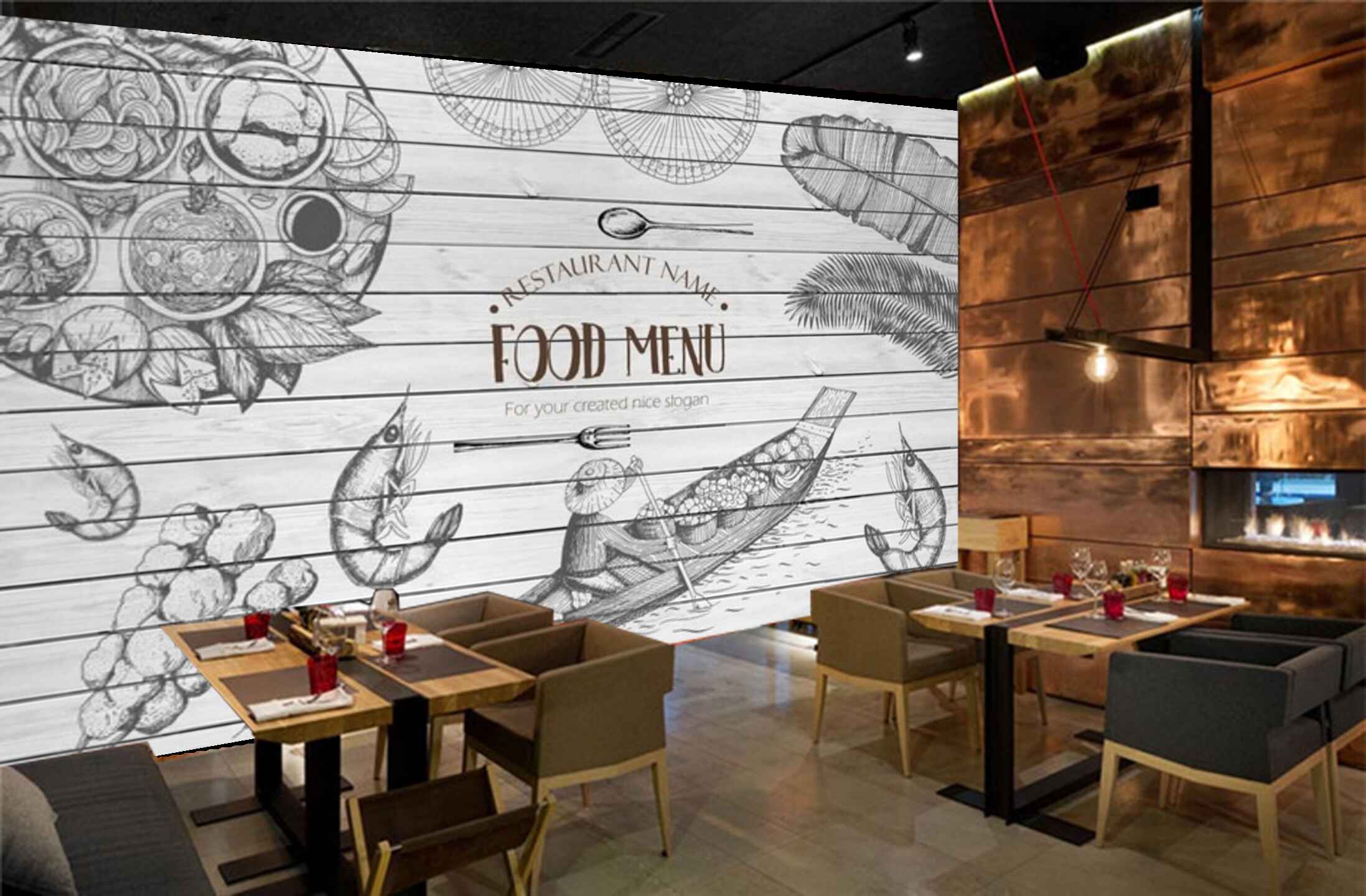 Avikalp MWZ3140 Food Menu Boat Prawns Dishes Leaves HD Wallpaper for Cafe Restaurant