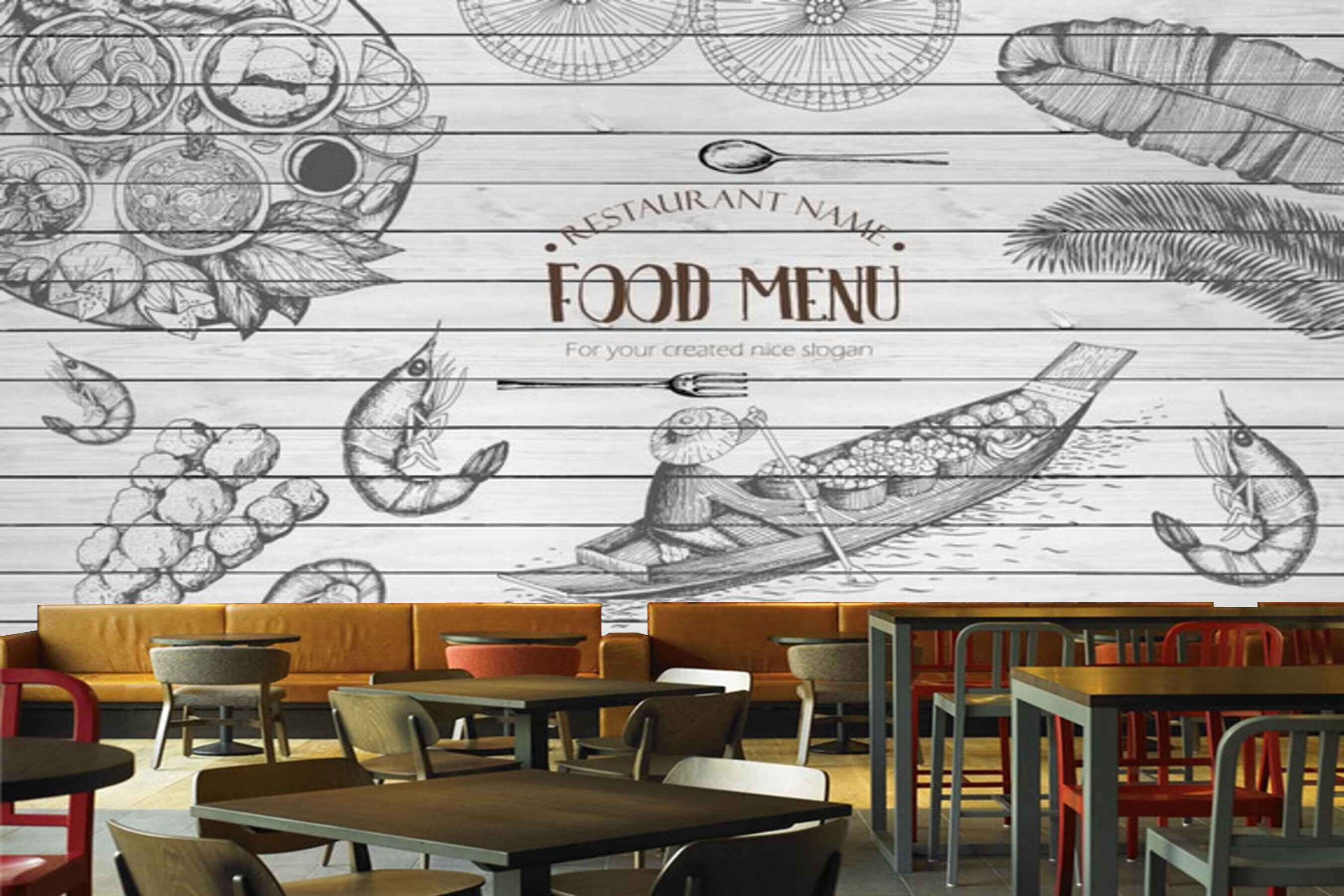 Avikalp MWZ3140 Food Menu Boat Prawns Dishes Leaves HD Wallpaper for Cafe Restaurant