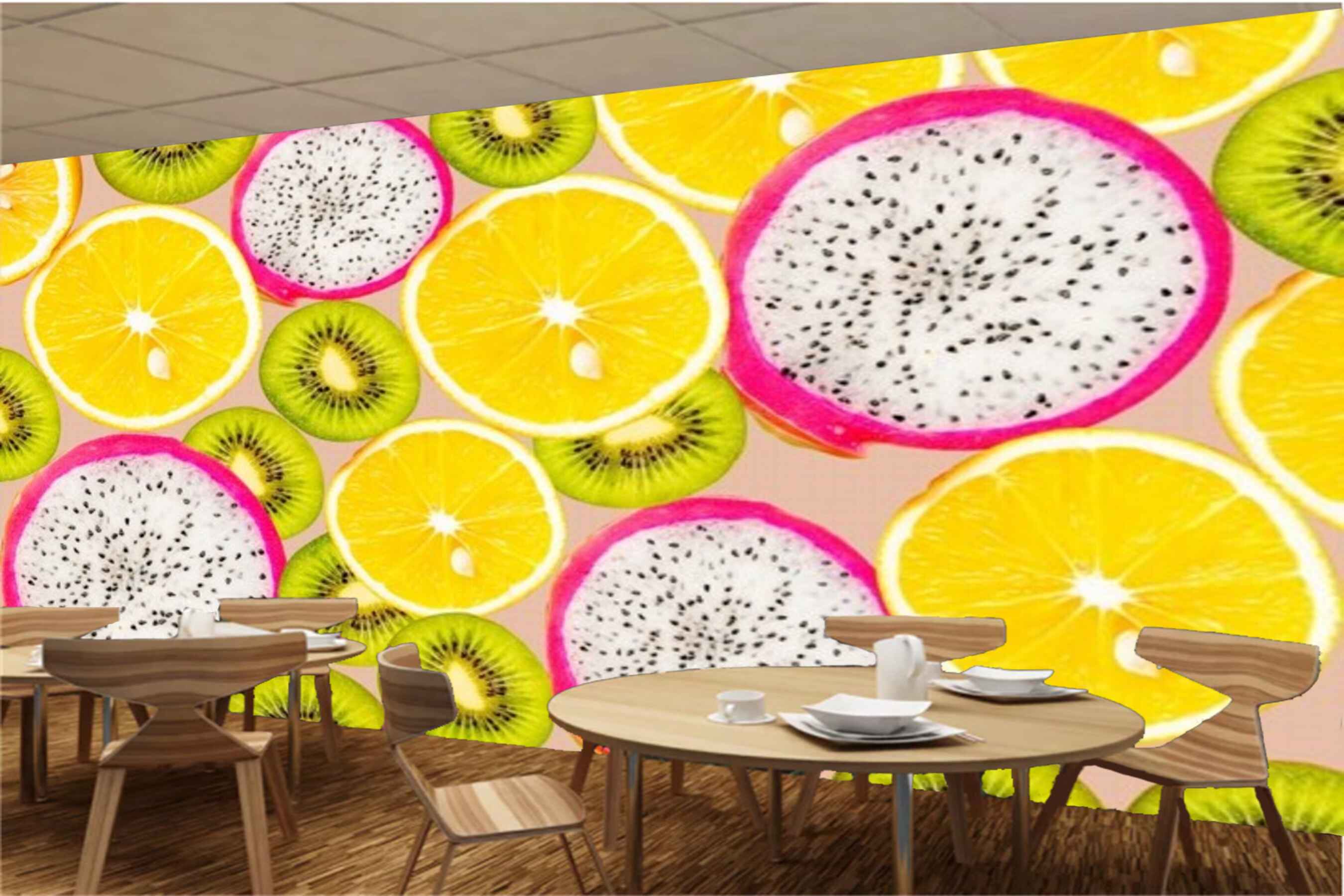 Avikalp MWZ3142 Lemon Kiwi Dragon Fruits HD Wallpaper for Cafe Restaurant