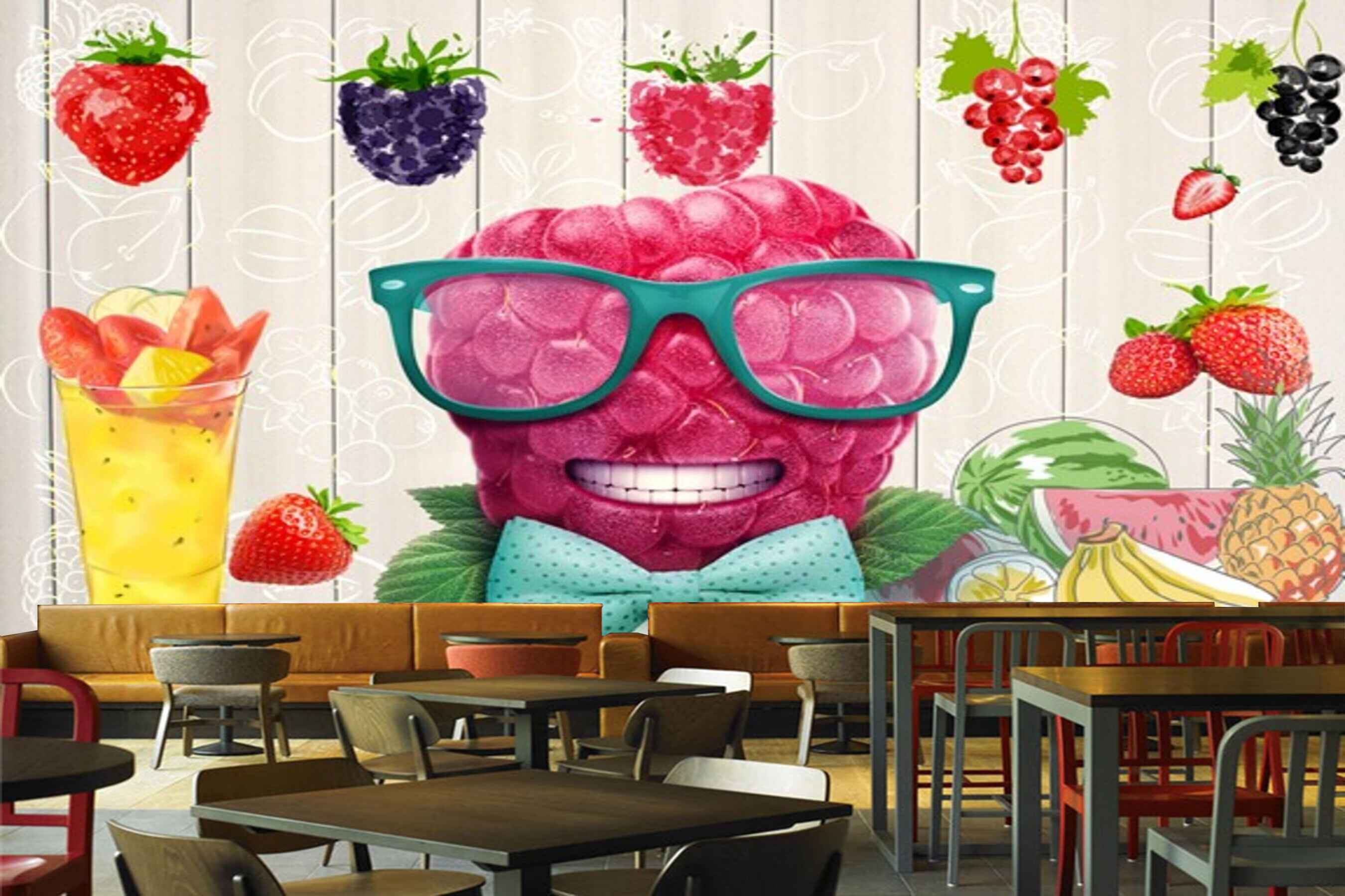 Avikalp MWZ3144 Strawberries Grapes Spectacles Drink Bananas HD Wallpaper for Cafe Restaurant